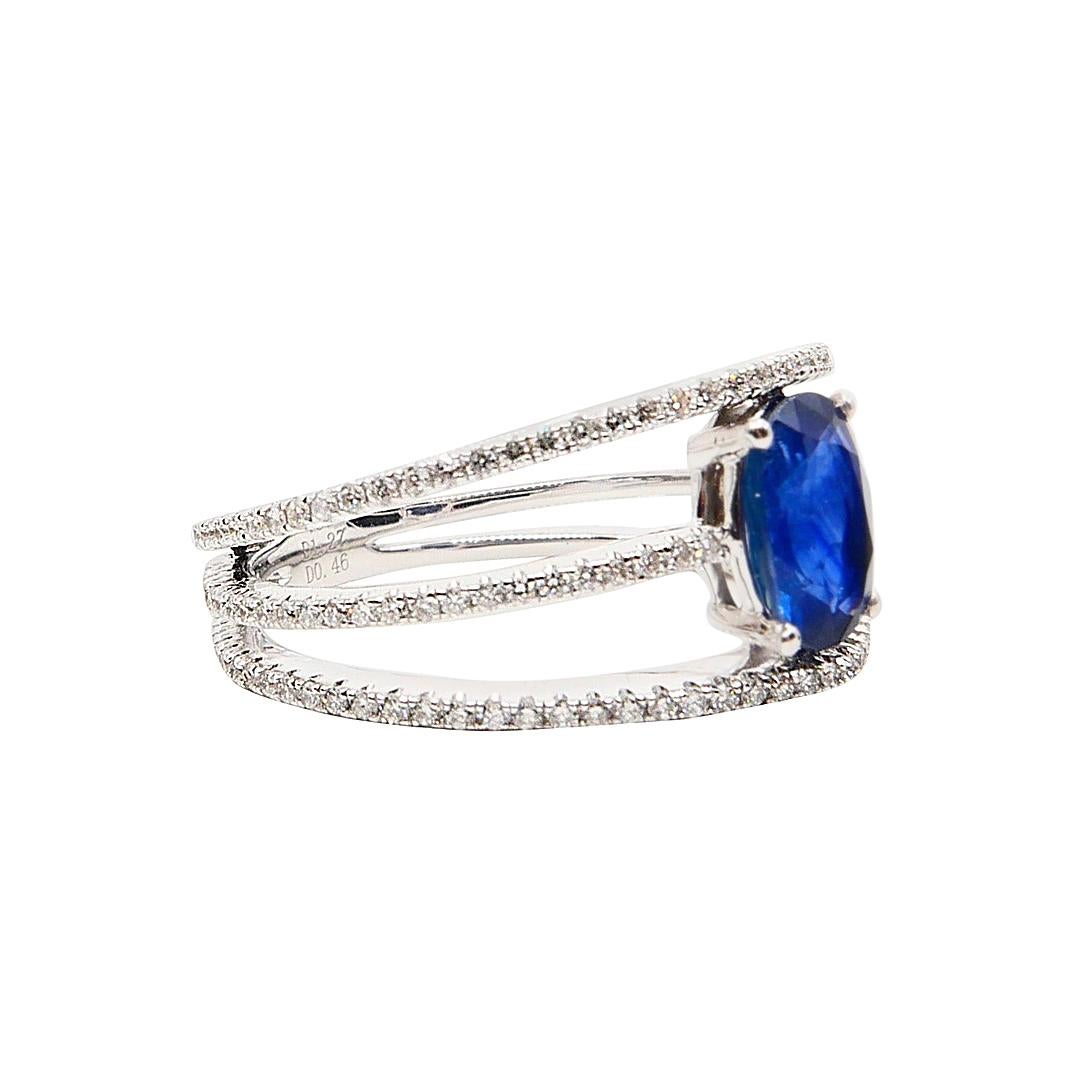 Oval Cut Blue Sapphire and Diamond Cocktail Ring, 3 Rows Design, 18 Karat White Gold For Sale