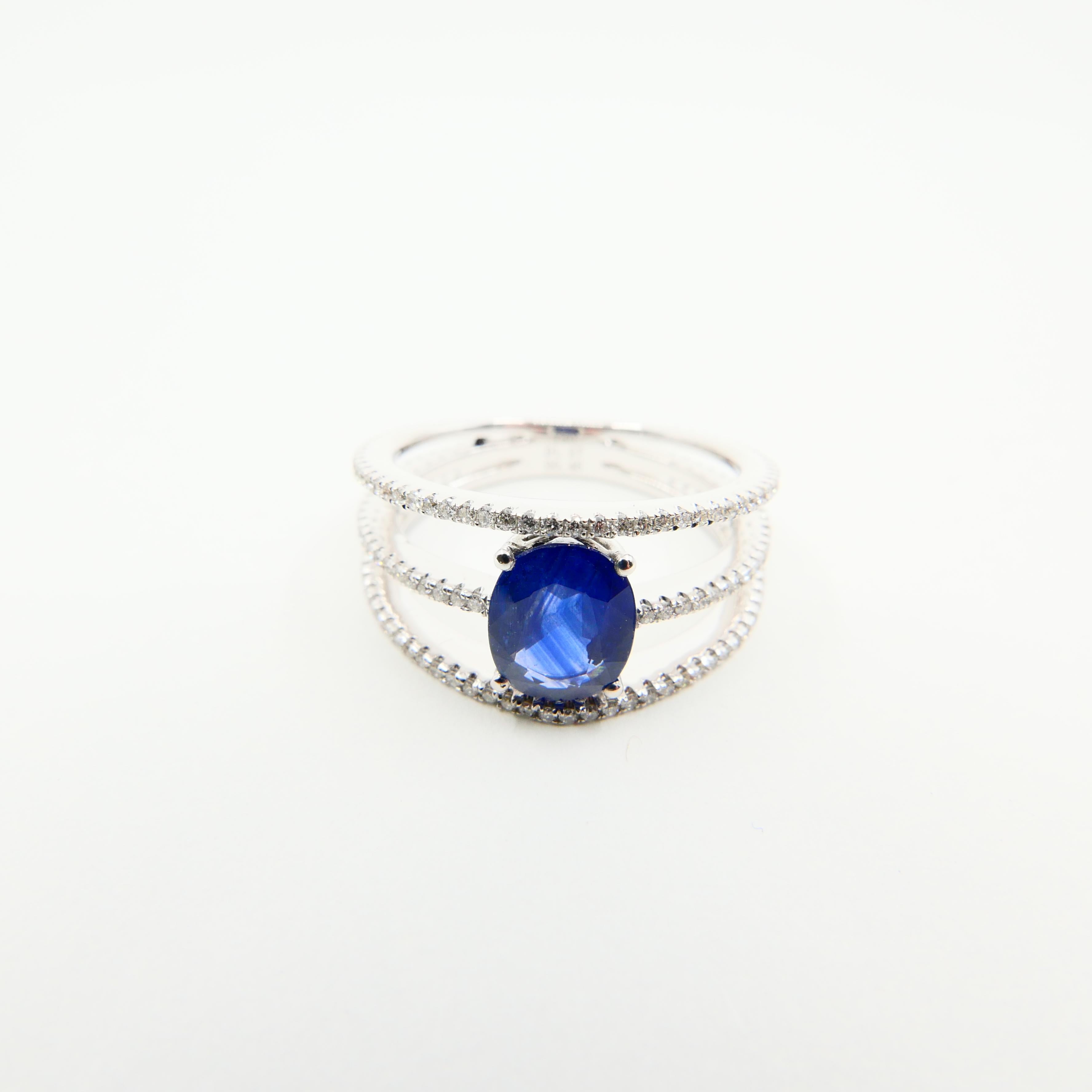 Women's Blue Sapphire and Diamond Cocktail Ring, 3 Rows Design, 18 Karat White Gold For Sale