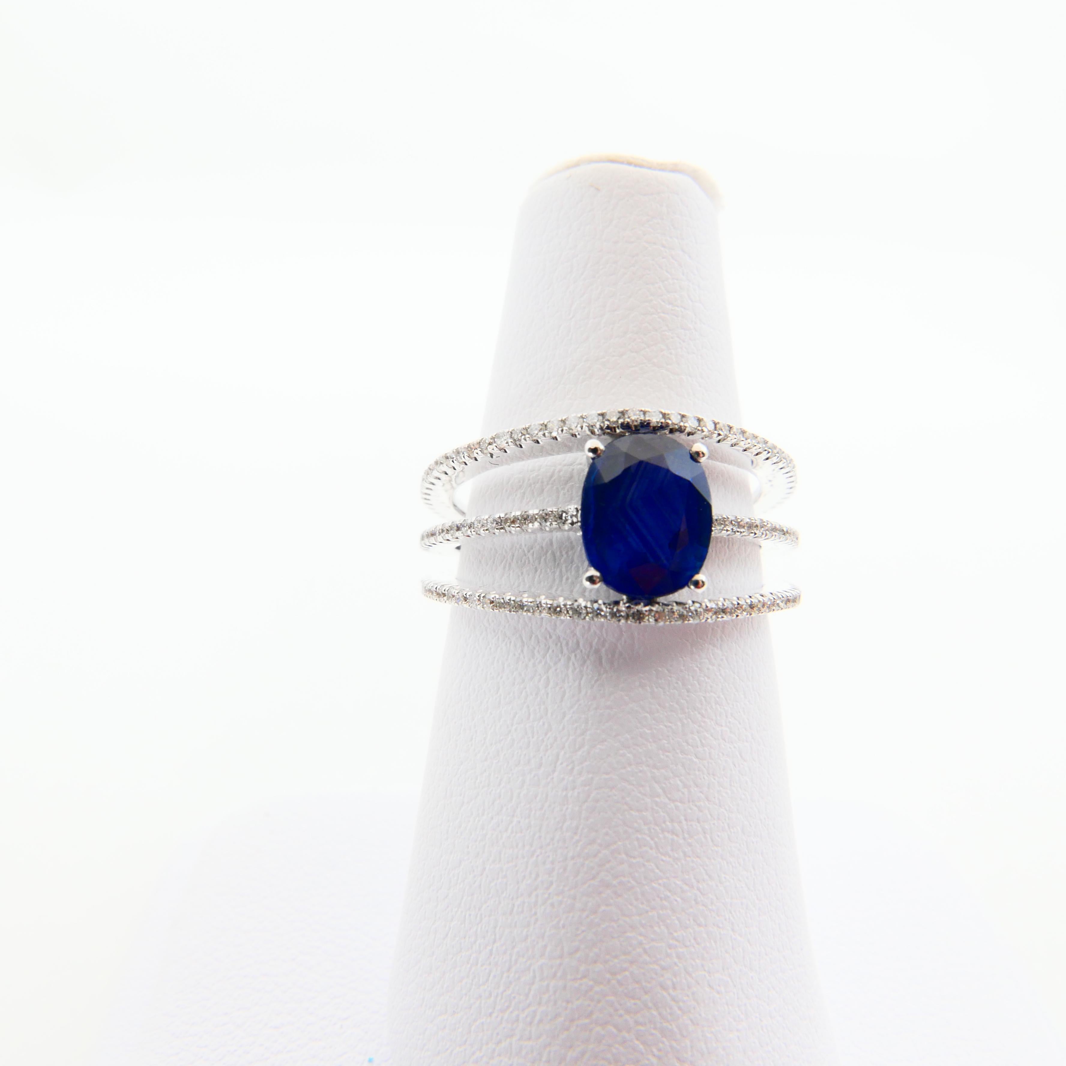 Blue Sapphire and Diamond Cocktail Ring, 3 Rows Design, 18 Karat White Gold For Sale 1