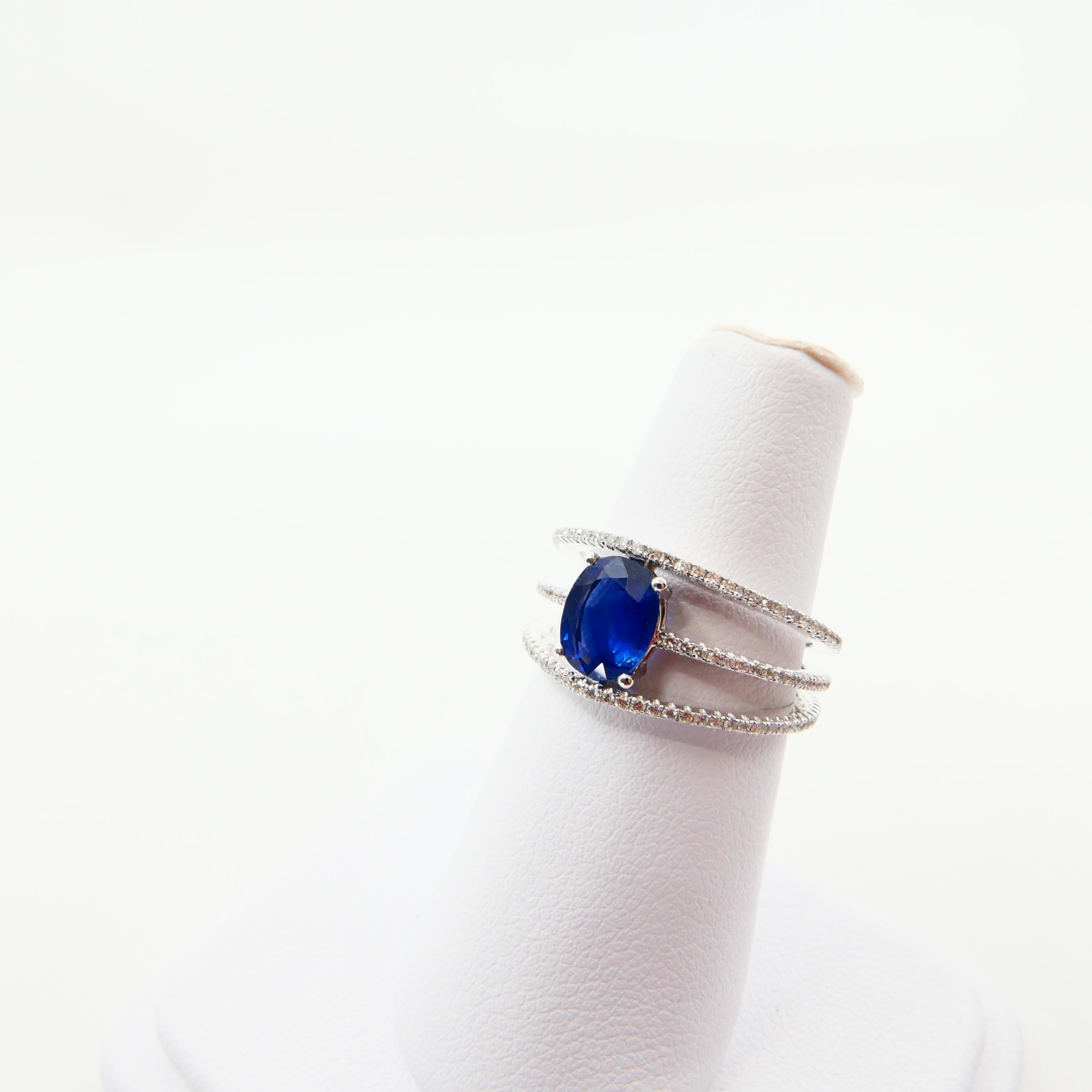 Blue Sapphire and Diamond Cocktail Ring, 3 Rows Design, 18 Karat White Gold For Sale 2