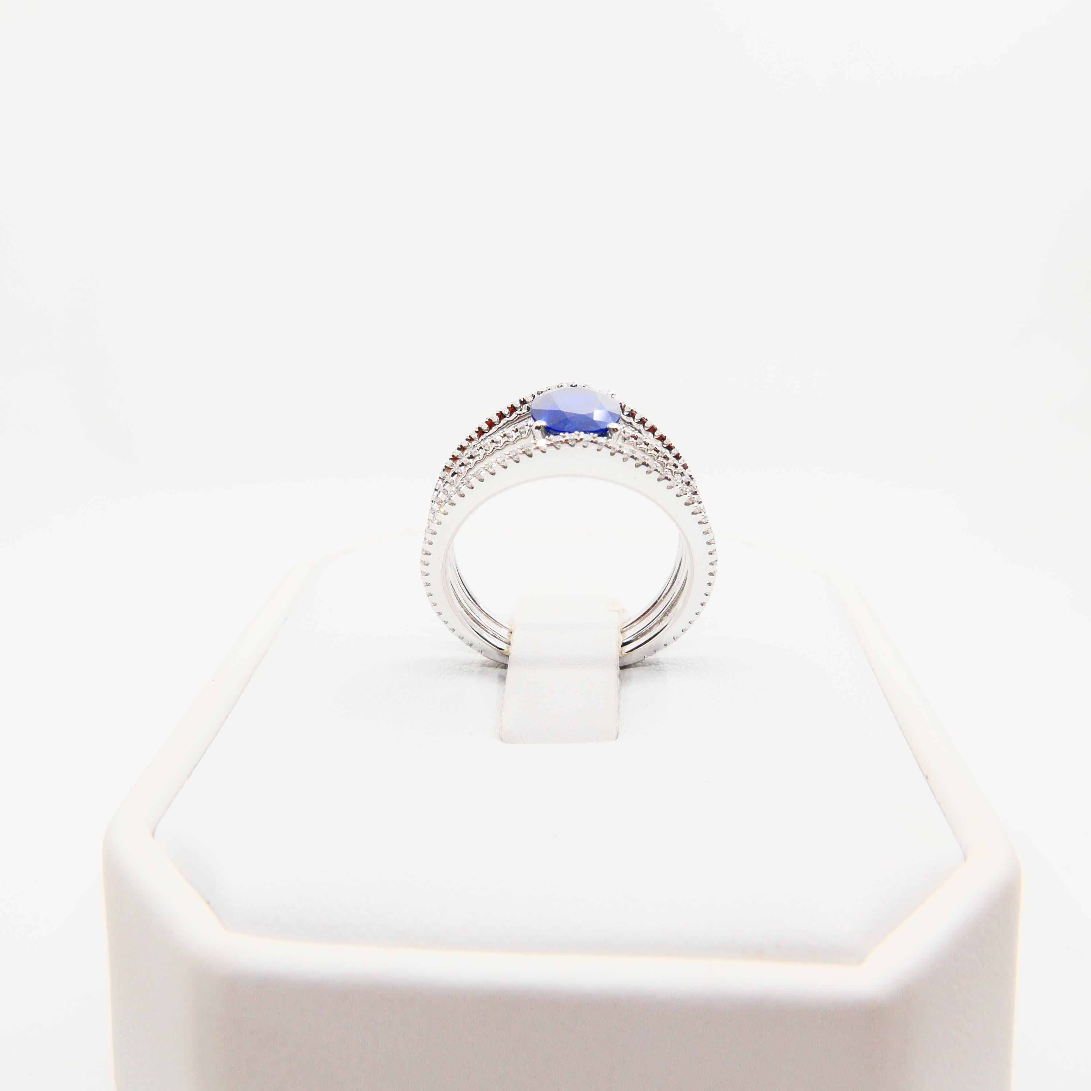 Blue Sapphire and Diamond Cocktail Ring, 3 Rows Design, 18 Karat White Gold For Sale 3