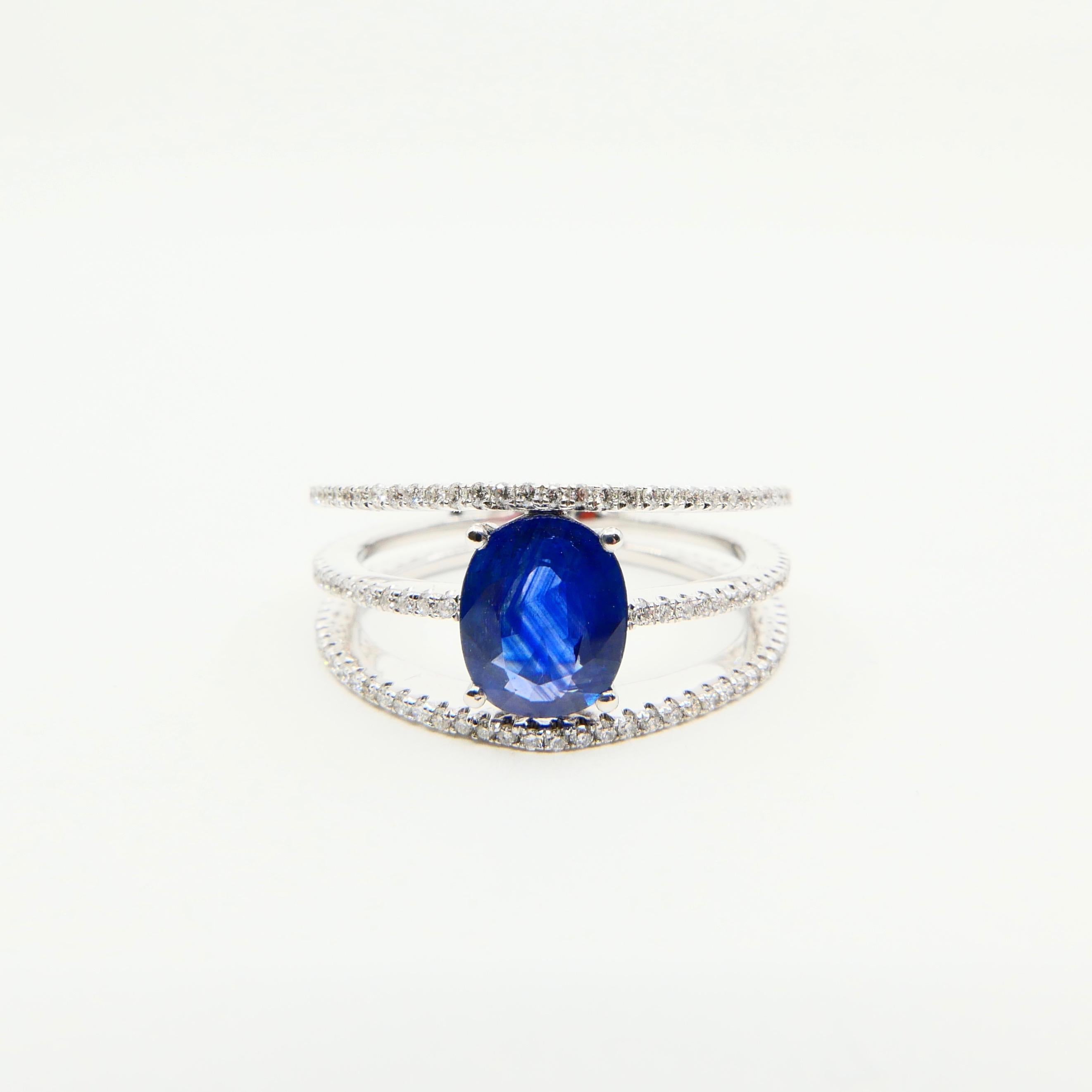 Blue Sapphire and Diamond Cocktail Ring, 3 Rows Design, 18 Karat White Gold For Sale 4