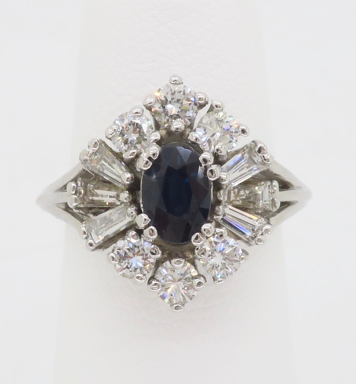 Oval Cut Blue Sapphire & Diamond Cocktail Ring in 14k White Gold  For Sale