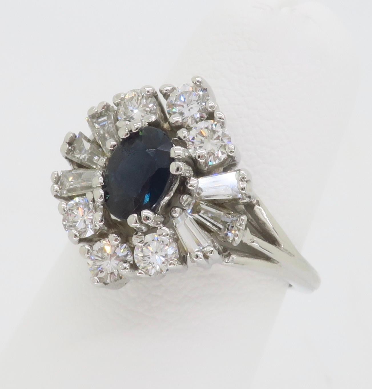 Blue Sapphire & Diamond Cocktail Ring in 14k White Gold  In Excellent Condition For Sale In Webster, NY