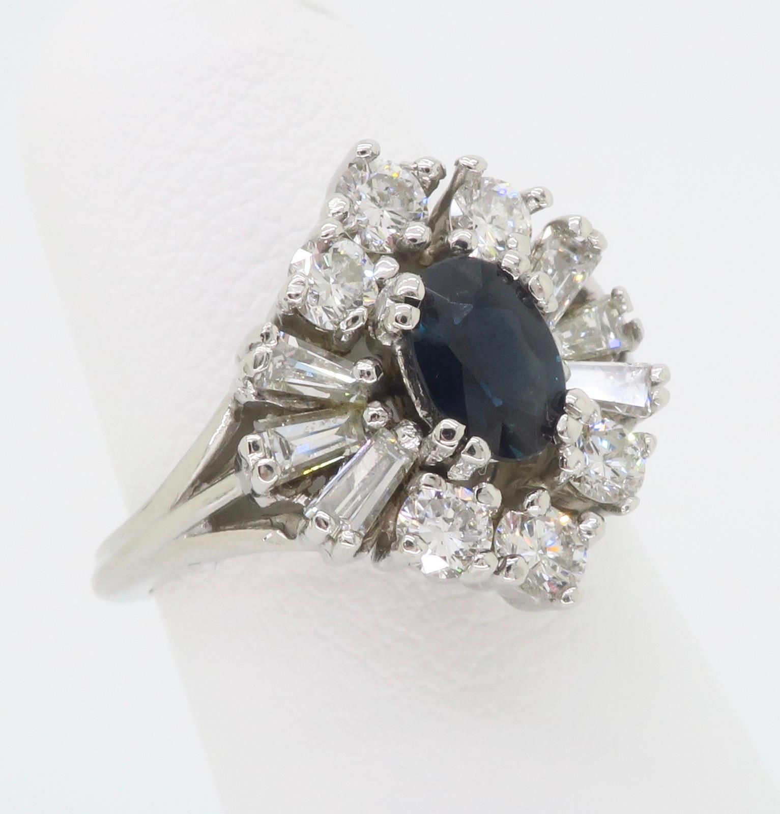 Women's Blue Sapphire & Diamond Cocktail Ring in 14k White Gold  For Sale