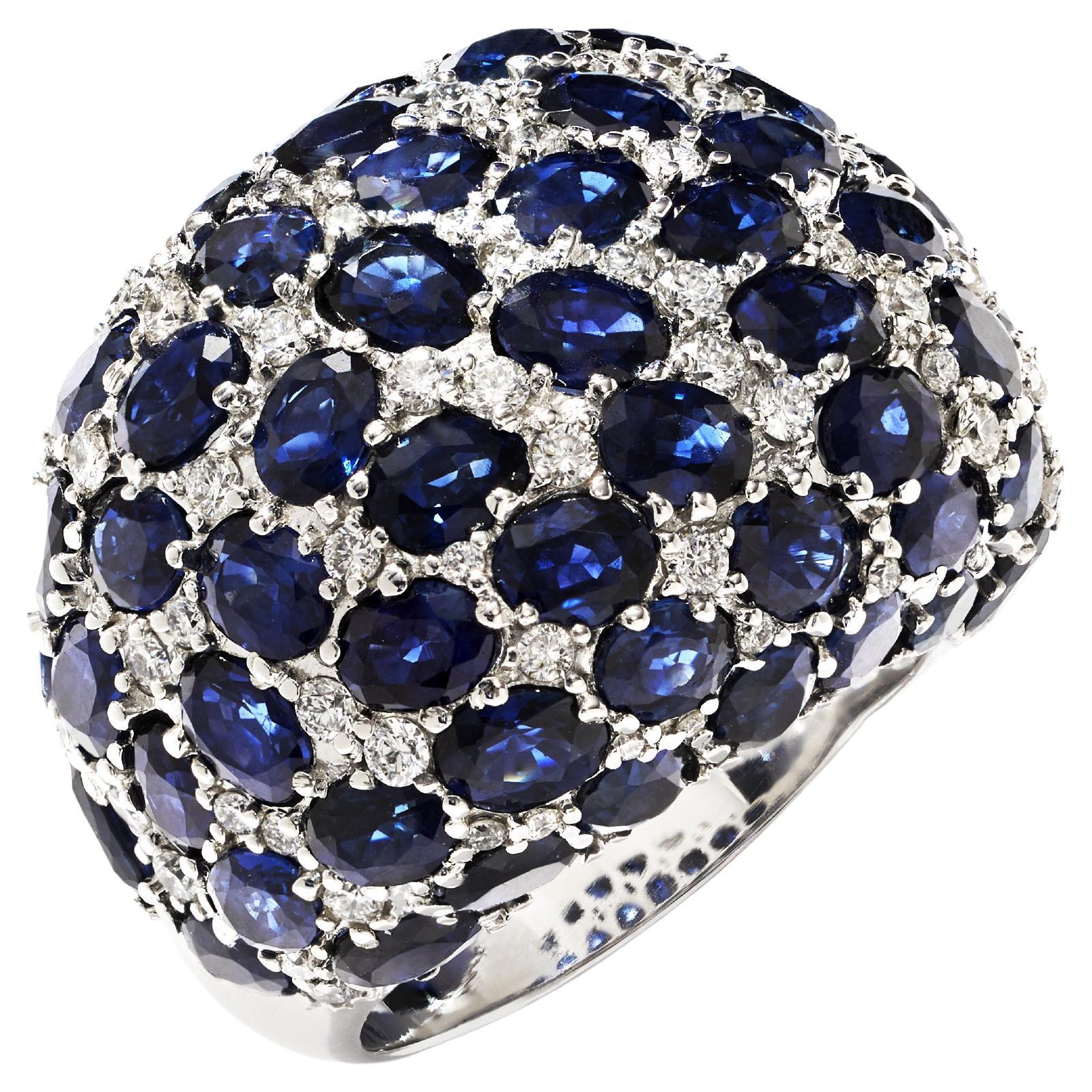 Blue Sapphire & Diamond Cocktail Ring Set in 18k White Gold by Shirin Uma For Sale