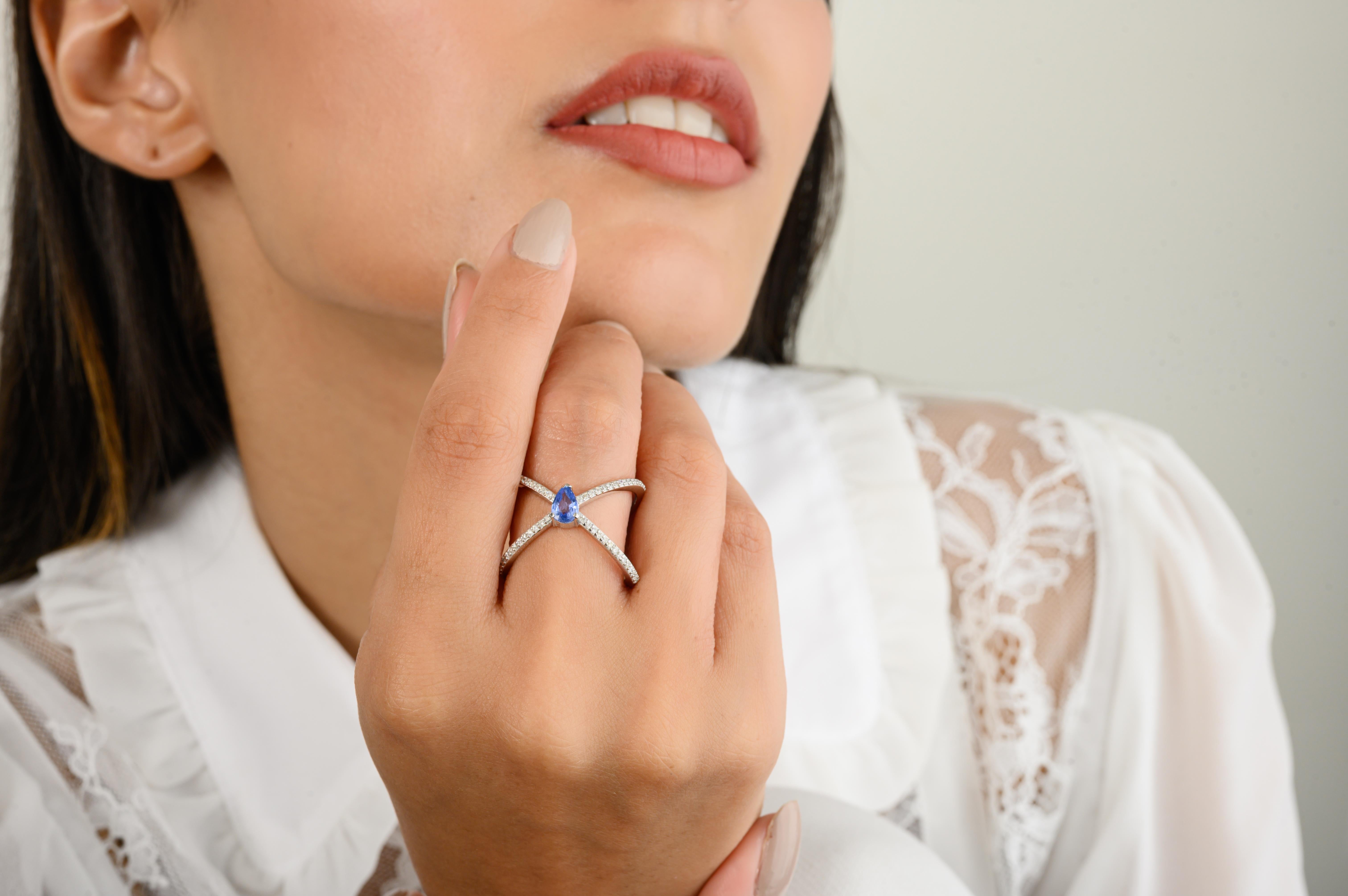 For Sale:  Blue Sapphire Wedding Cross Ring for Women with Diamonds 18k Solid White Gold 11