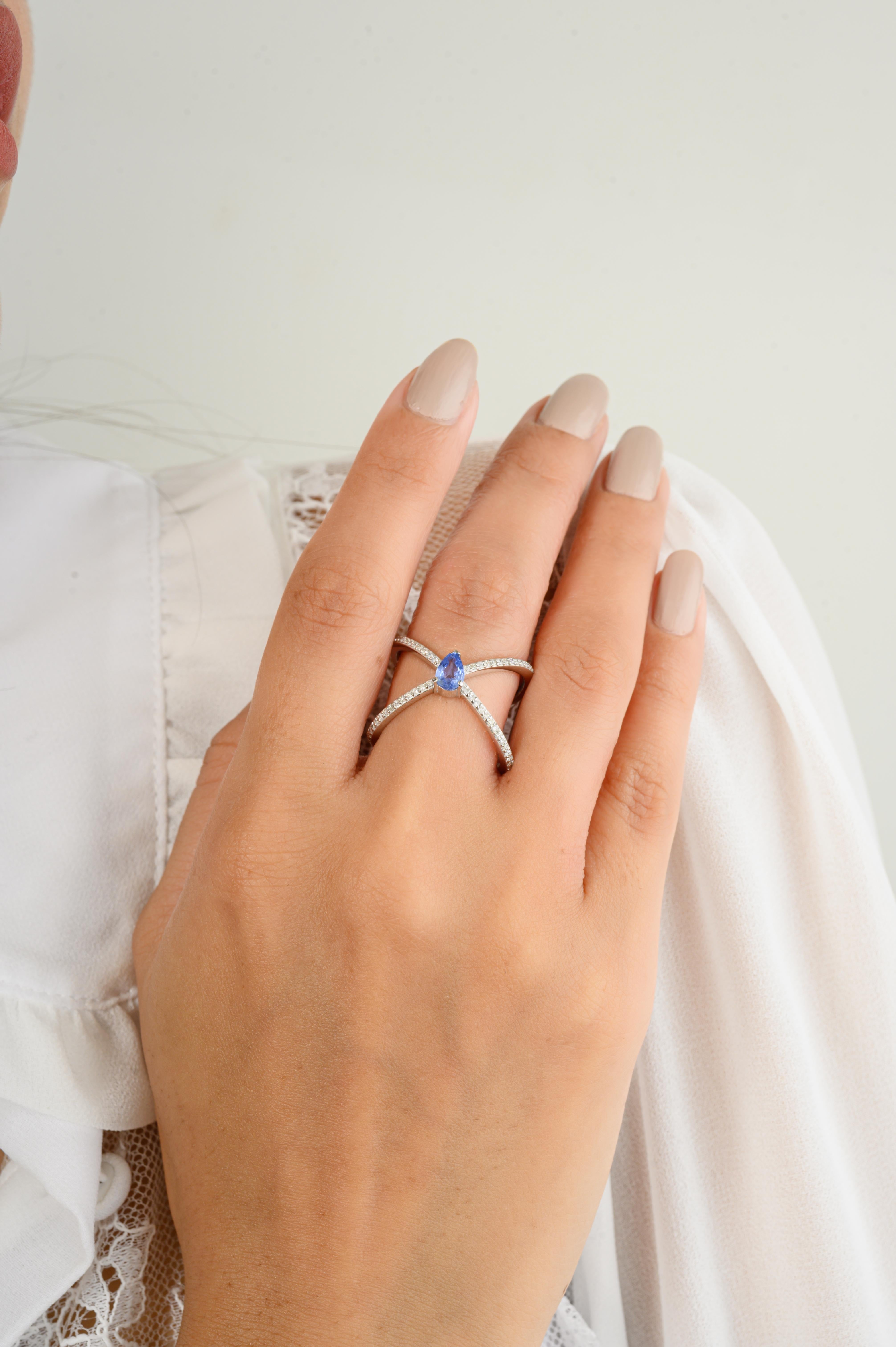 For Sale:  Blue Sapphire Wedding Cross Ring for Women with Diamonds 18k Solid White Gold 2
