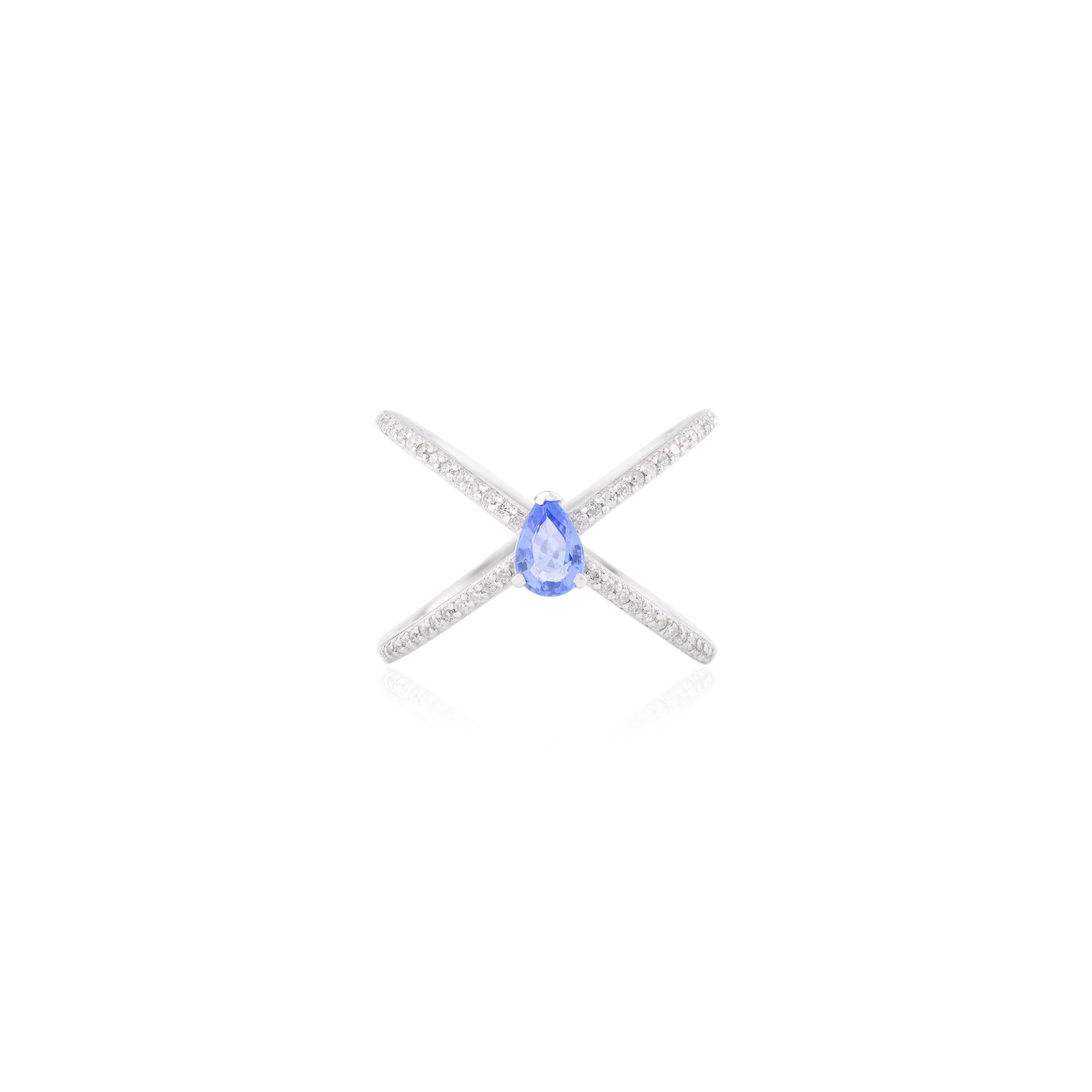 For Sale:  Blue Sapphire Wedding Cross Ring for Women with Diamonds 18k Solid White Gold 3