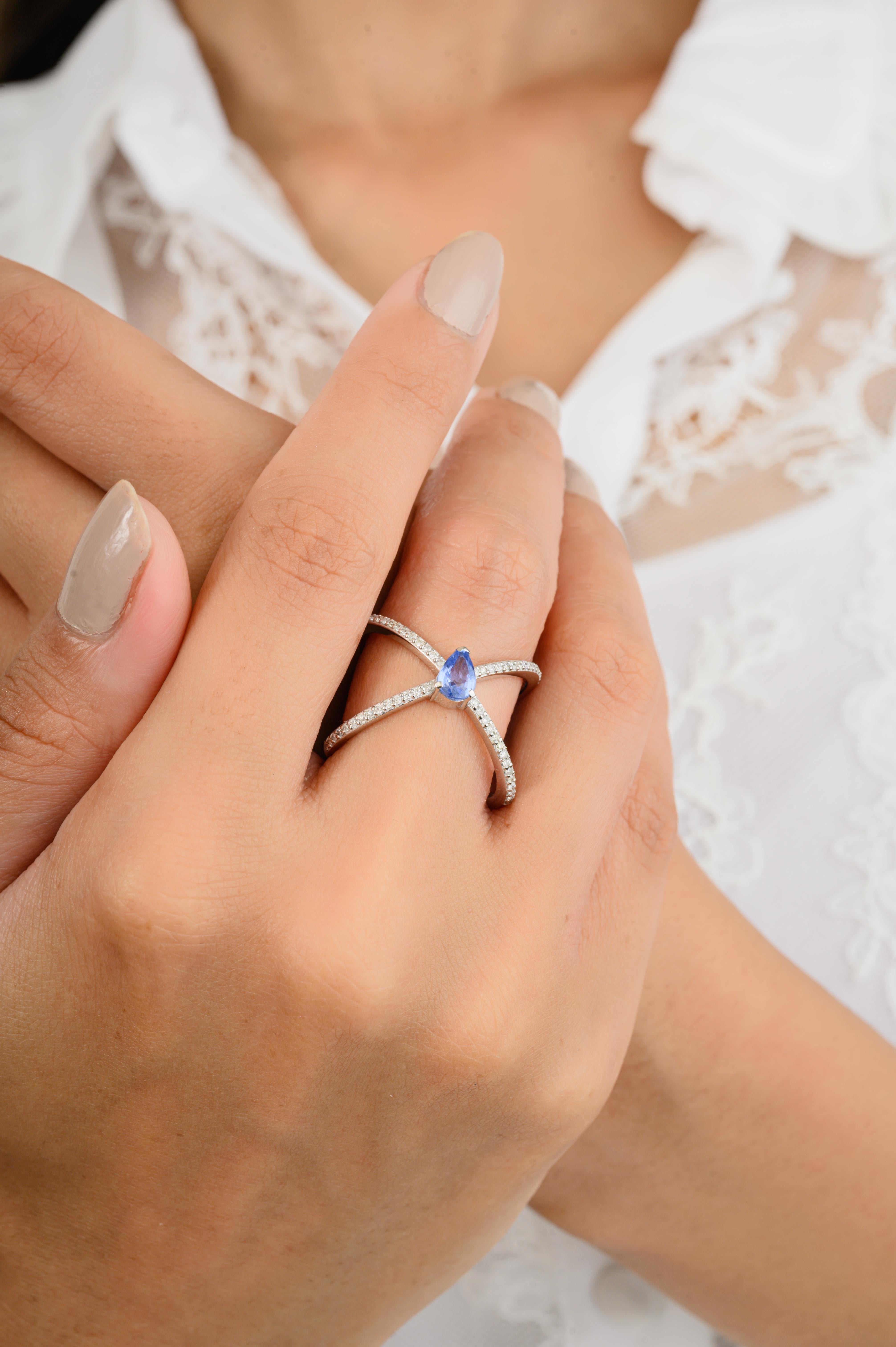 For Sale:  Blue Sapphire Wedding Cross Ring for Women with Diamonds 18k Solid White Gold 4