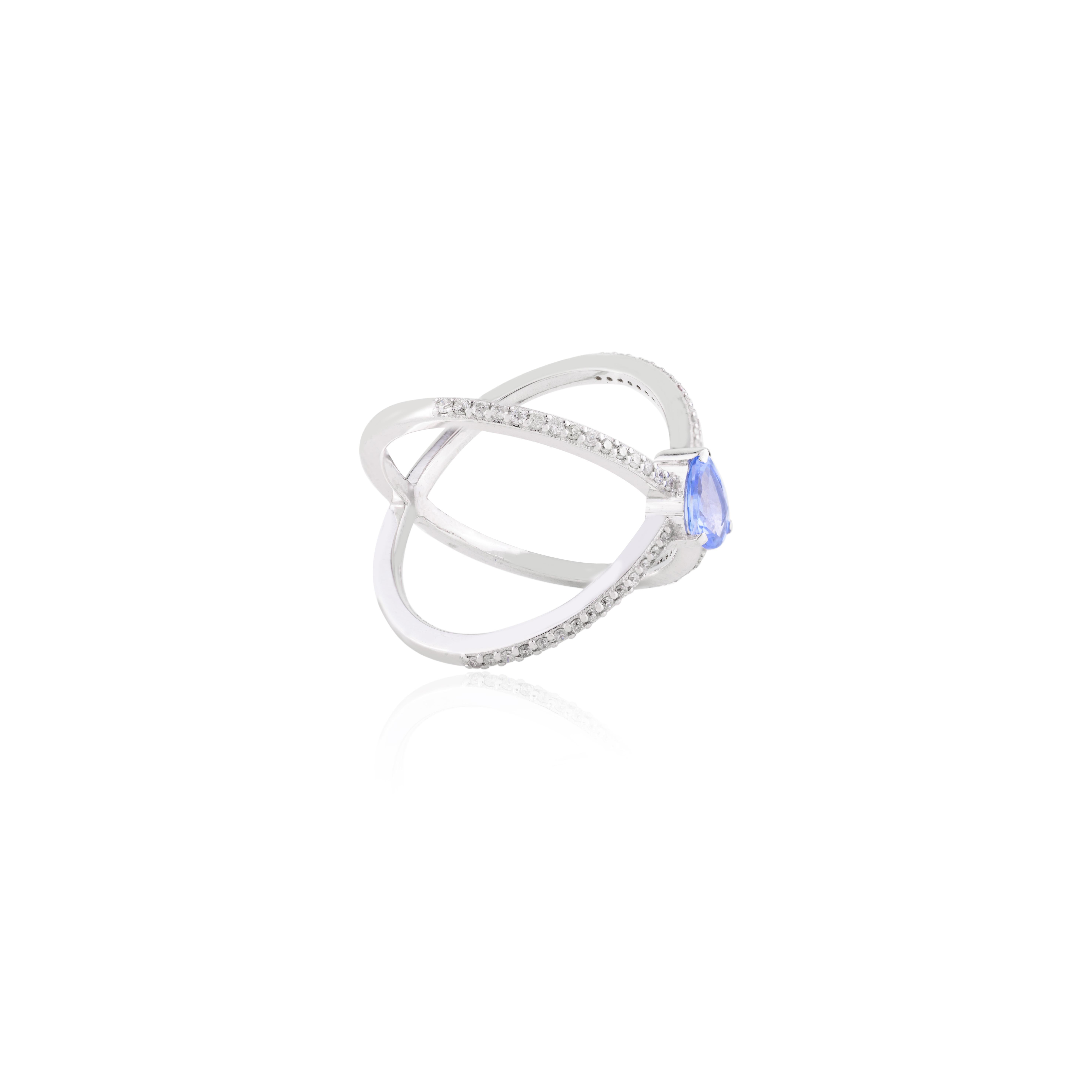 For Sale:  Blue Sapphire Wedding Cross Ring for Women with Diamonds 18k Solid White Gold 5