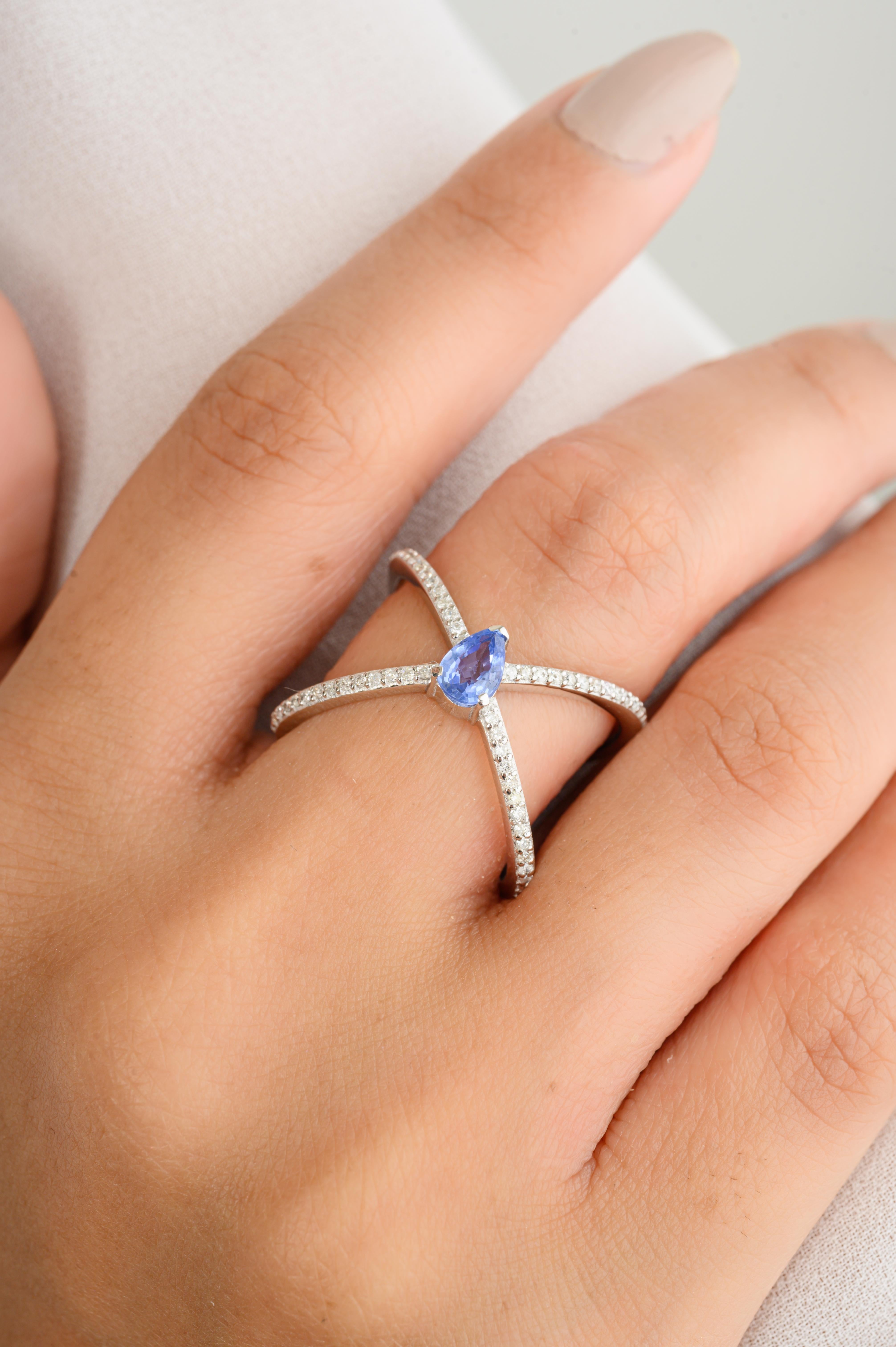 For Sale:  Blue Sapphire Wedding Cross Ring for Women with Diamonds 18k Solid White Gold 6