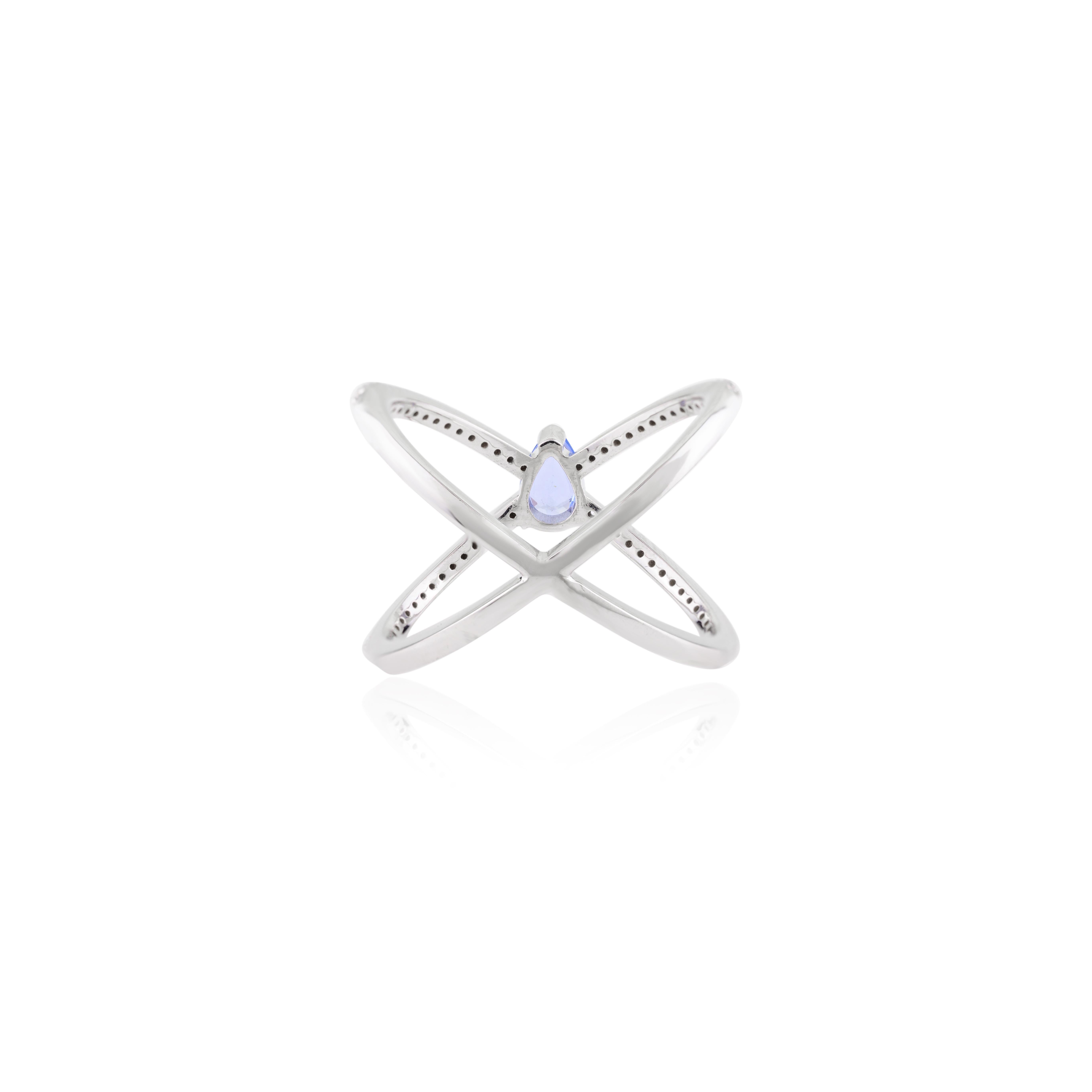 For Sale:  Blue Sapphire Wedding Cross Ring for Women with Diamonds 18k Solid White Gold 7