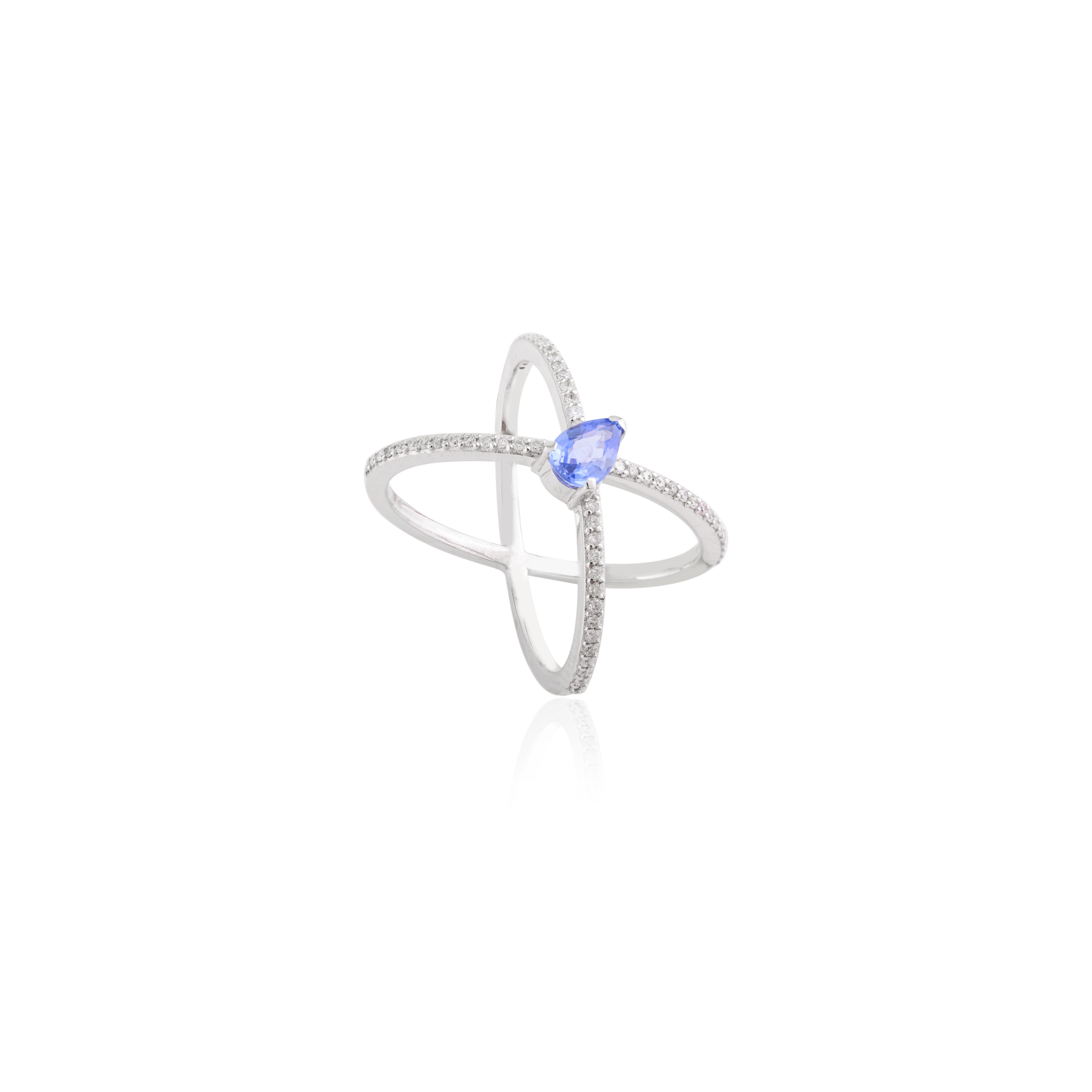 For Sale:  Blue Sapphire Wedding Cross Ring for Women with Diamonds 18k Solid White Gold 9