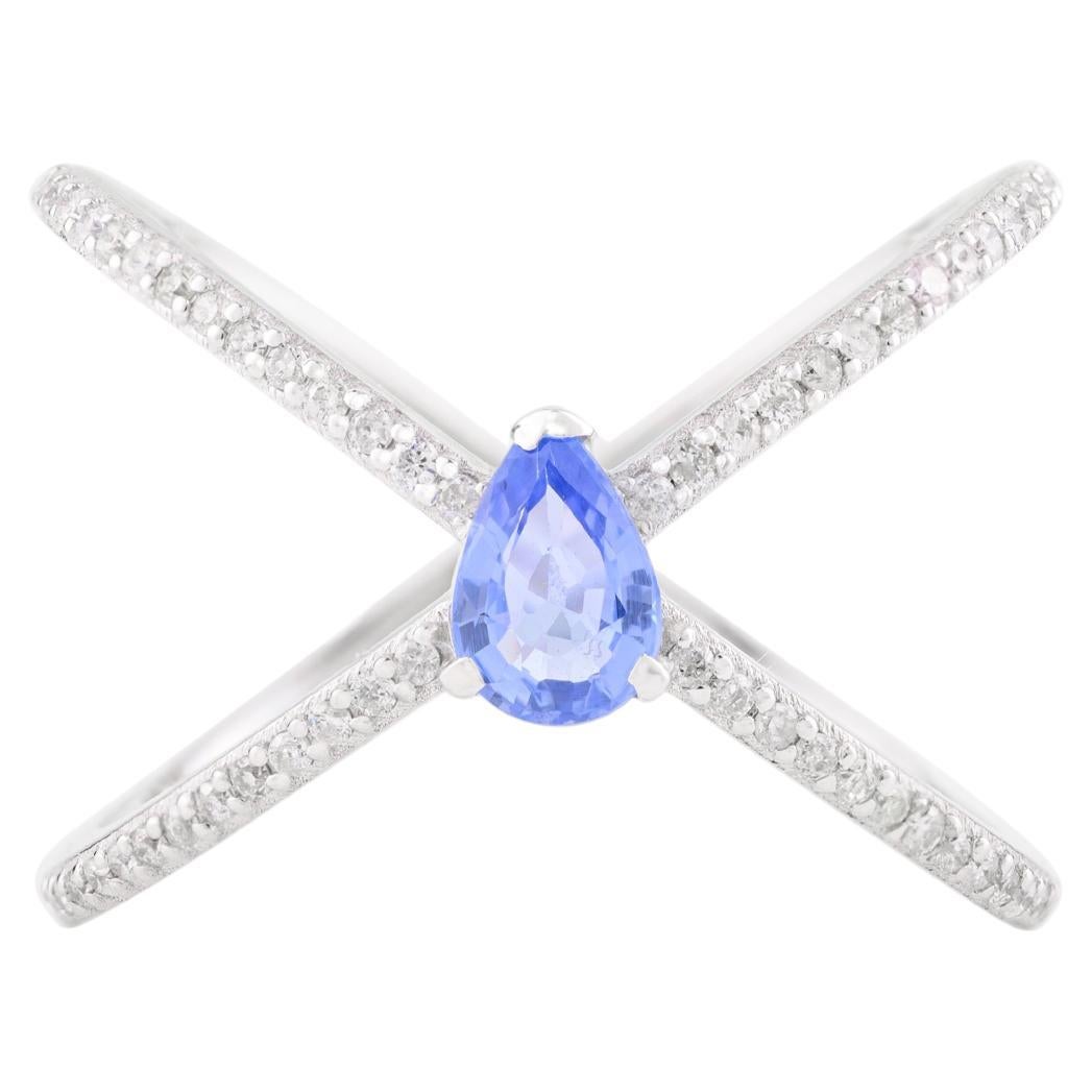 Blue Sapphire Wedding Cross Ring for Women with Diamonds 18k Solid White Gold