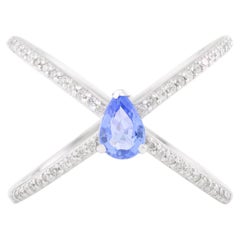 Anello con croce nuziale in zaffiro blu per donna con diamanti in oro bianco massiccio 18 carati
