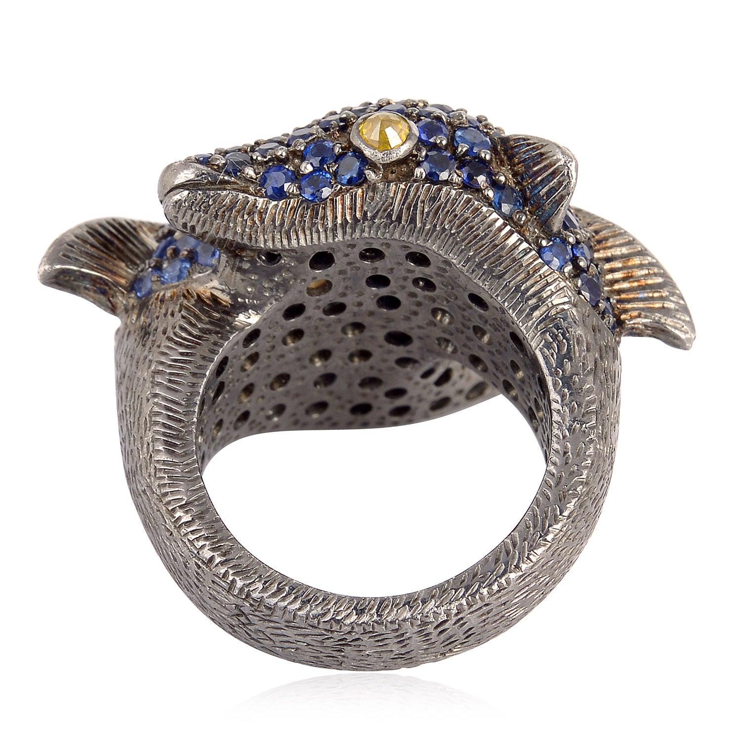 For Sale:  Blue Sapphire Diamond Crossover Double Dolphin Head Ring 2