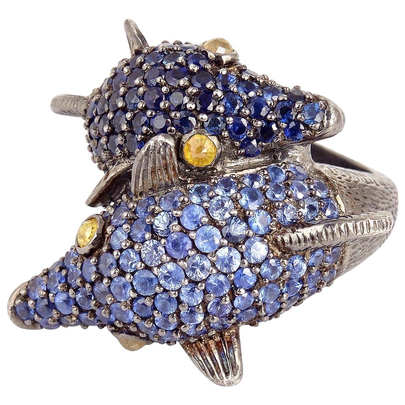 For Sale:  Blue Sapphire Diamond Crossover Double Dolphin Head Ring