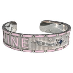 Blue Sapphire Diamond Cuff Bracelet Light Pink Enamel Star Sterling Silver
