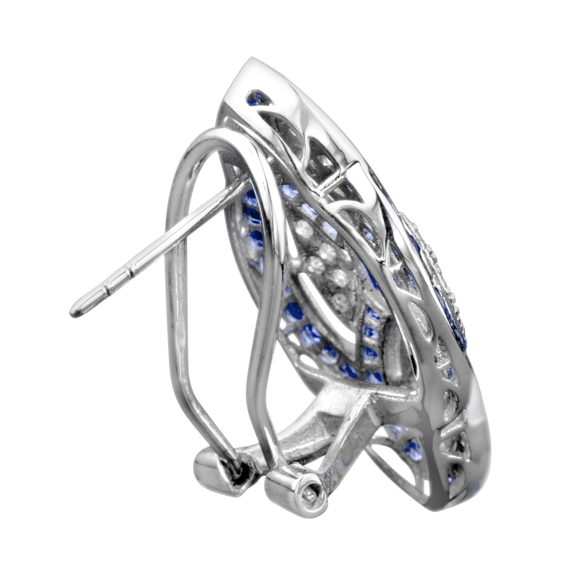 Oval Cut Blue Sapphire & Diamond Curve Omega Back 14K White Gold Earrings For Sale