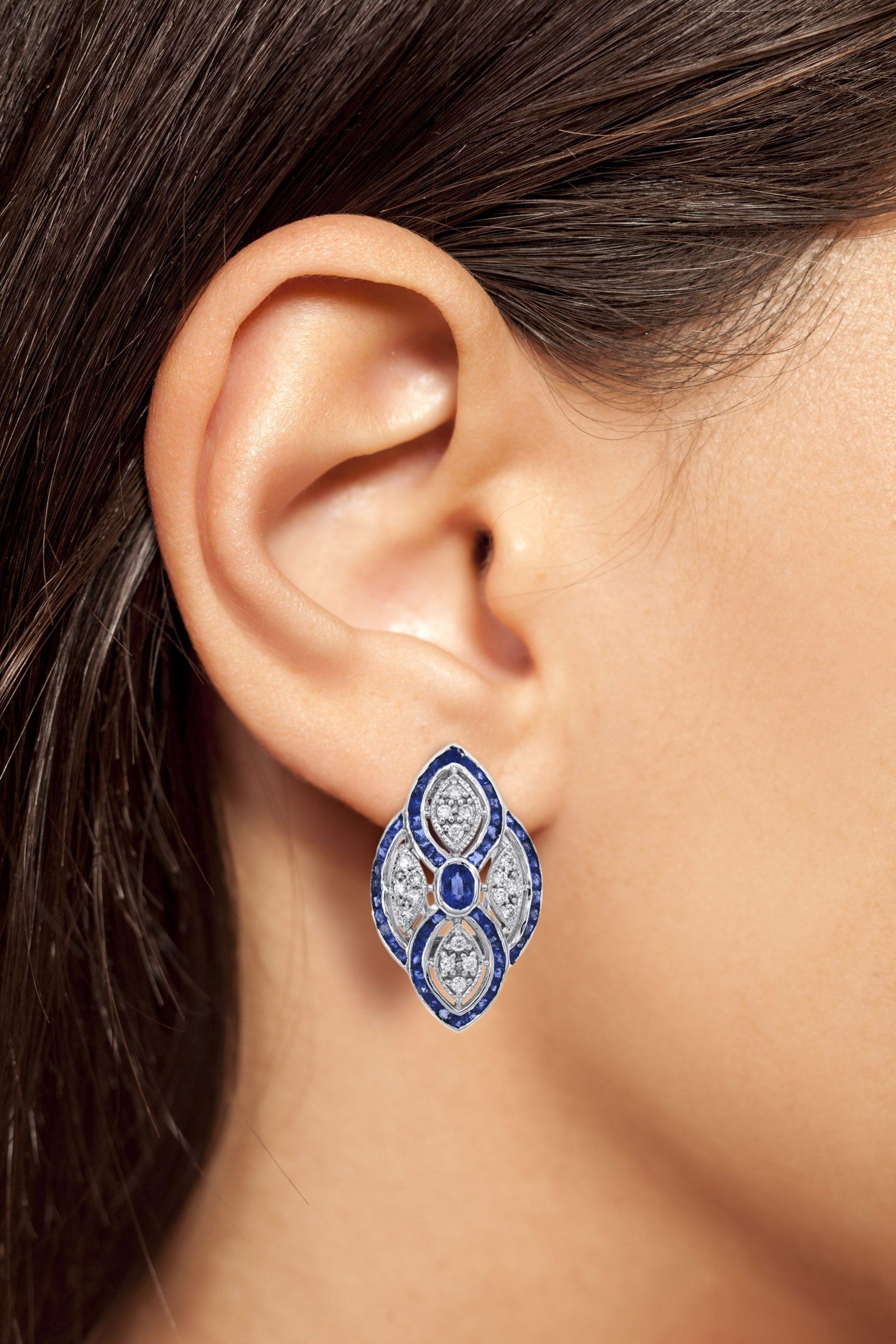 Women's or Men's Blue Sapphire & Diamond Curve Omega Back 14K White Gold Earrings For Sale