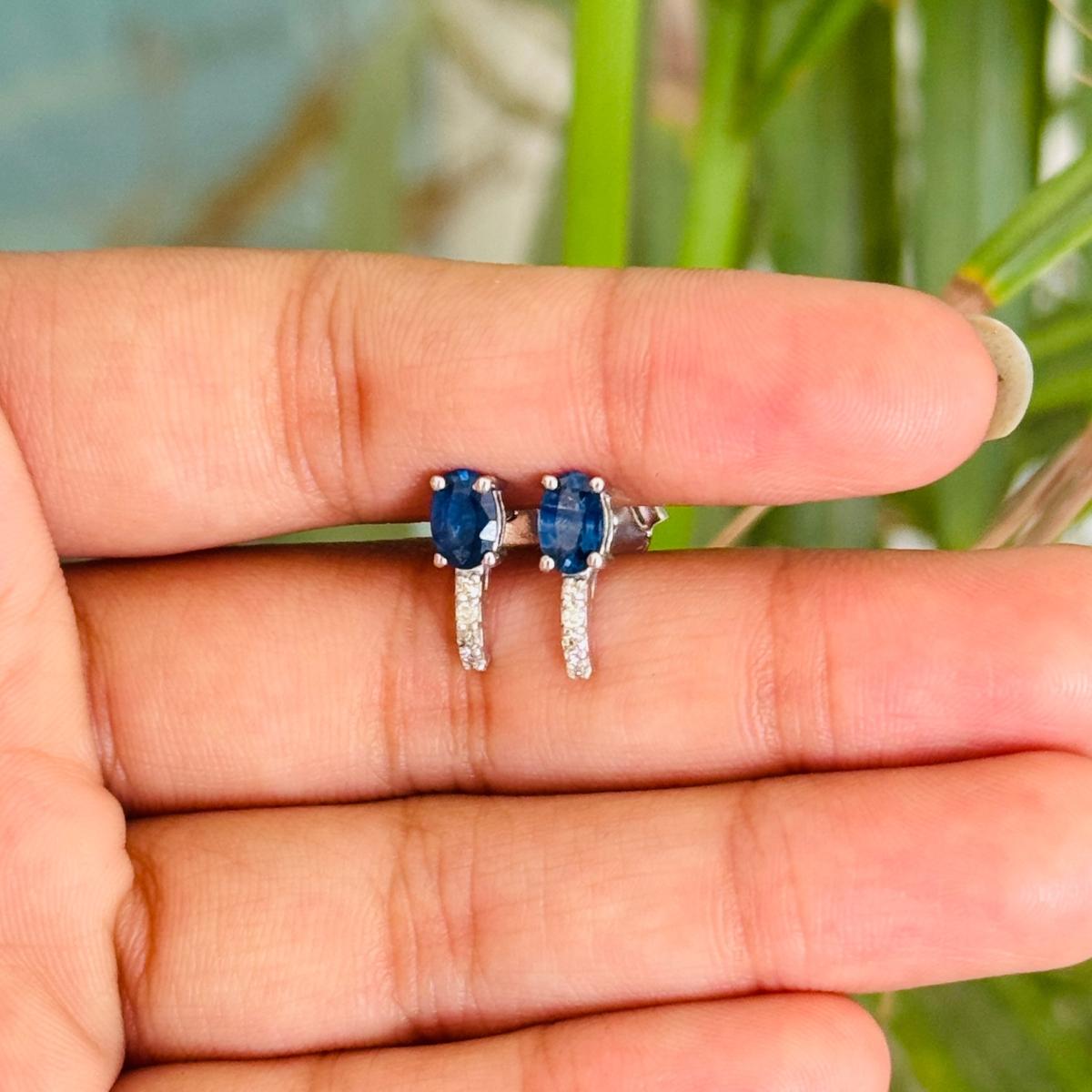 Blue Sapphire Diamond Dainty Stud Earrings for Mothers Gift Made in 925 Silver For Sale 2