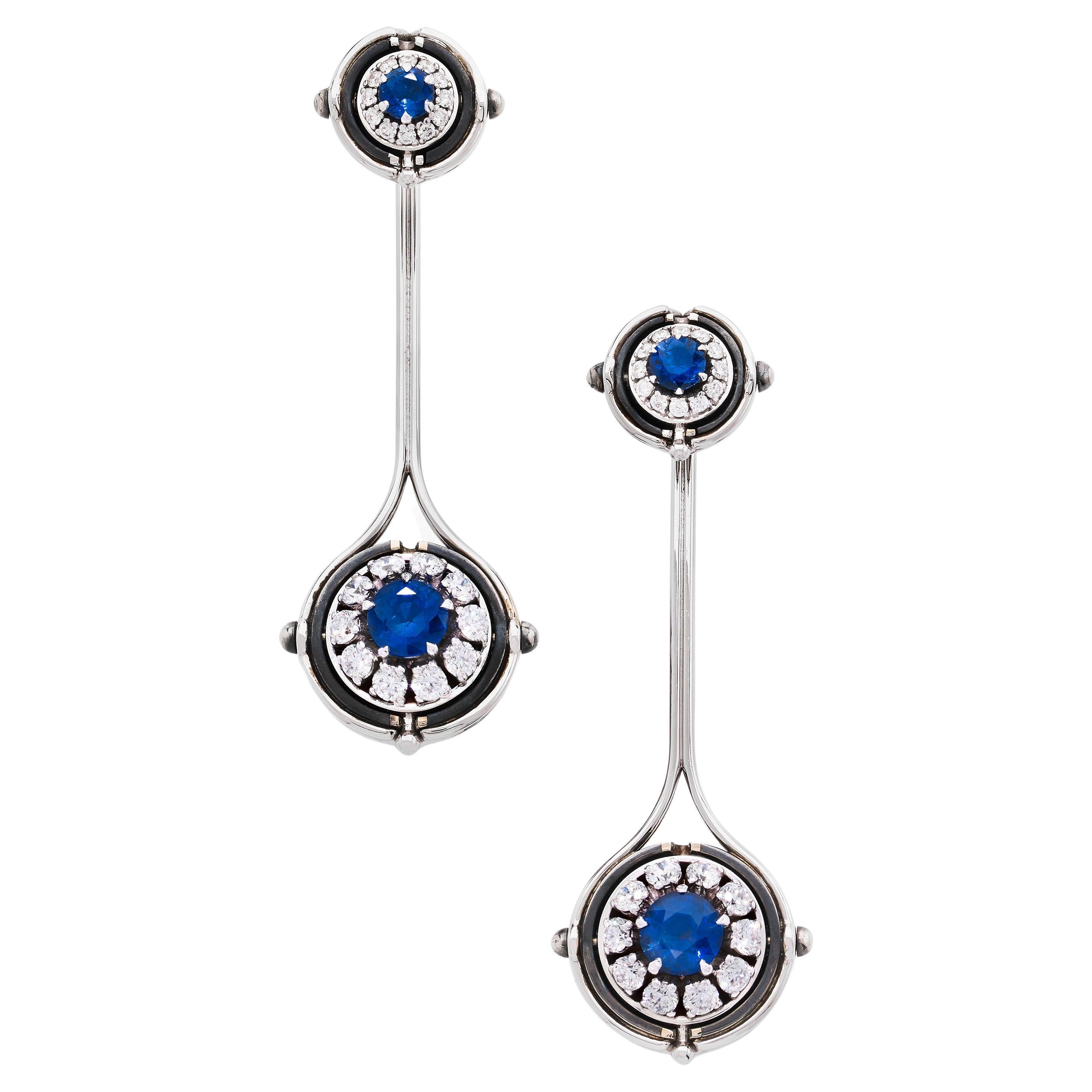 Blue Sapphire & Diamond Deux Gouttes Earrings in 18k White Gold by Elie Top For Sale