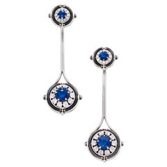 Elie Top Boucles d'oreilles à deux gouttes en or blanc 18 carats avec saphir bleu et diamants