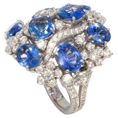 Zafiro azul Diamante Cúpula Anillo de cóctel Diseño floral de Ella Gafter