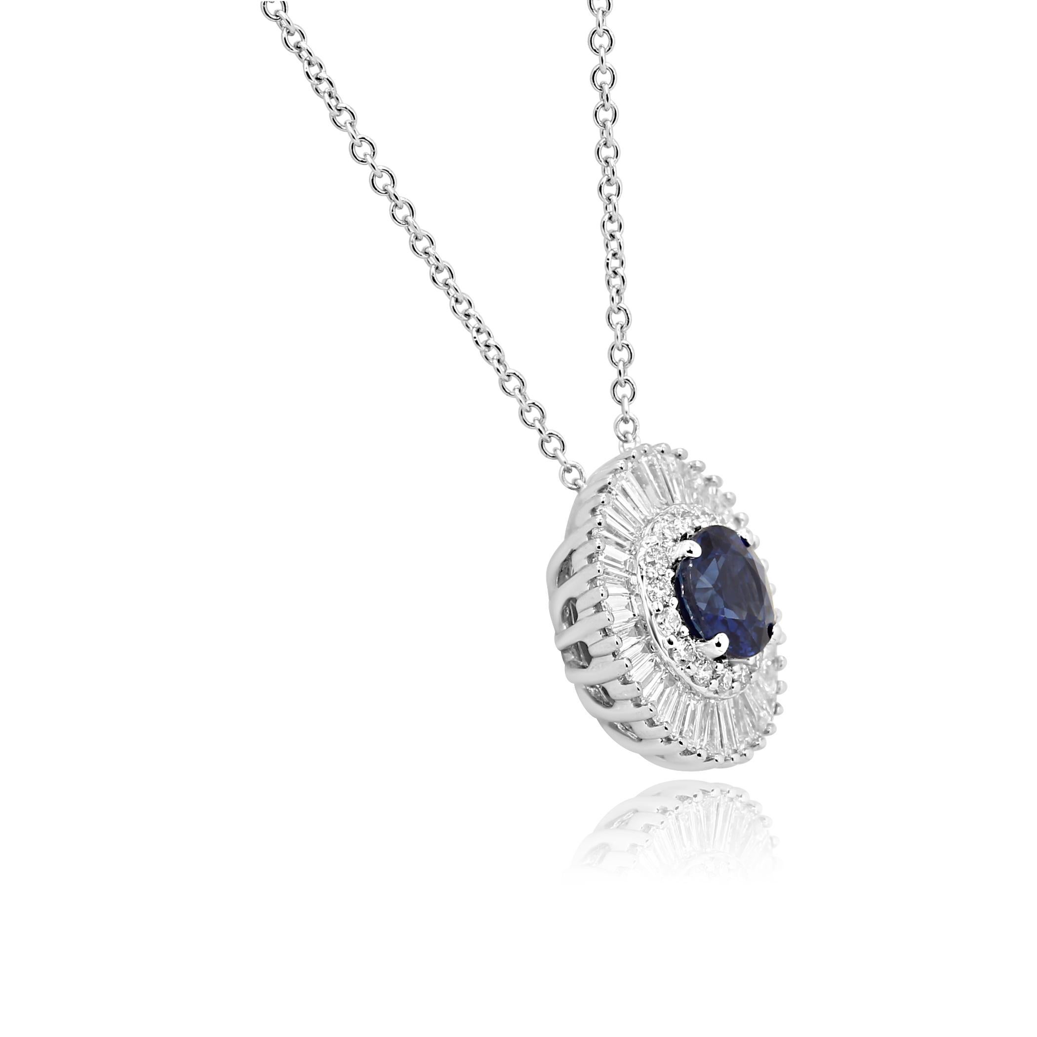 Blue Sapphire round 0.65 Carat Encircled in Double Halo of Colorless  G-H Round Brilliant VS SI clarity 0.11 Carat and Colorless Diamond Baguettes VS clarity 0.45 Carat in 14K White Gold Bridal  Art Deco Ballerina Fashion Pendant Chain