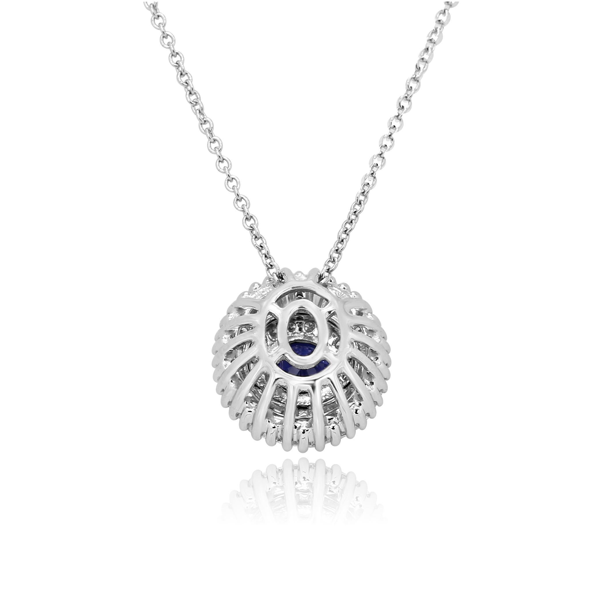 Art Deco Blue Sapphire Diamond Double Halo Gold Ballerina Pendant Chain Necklace