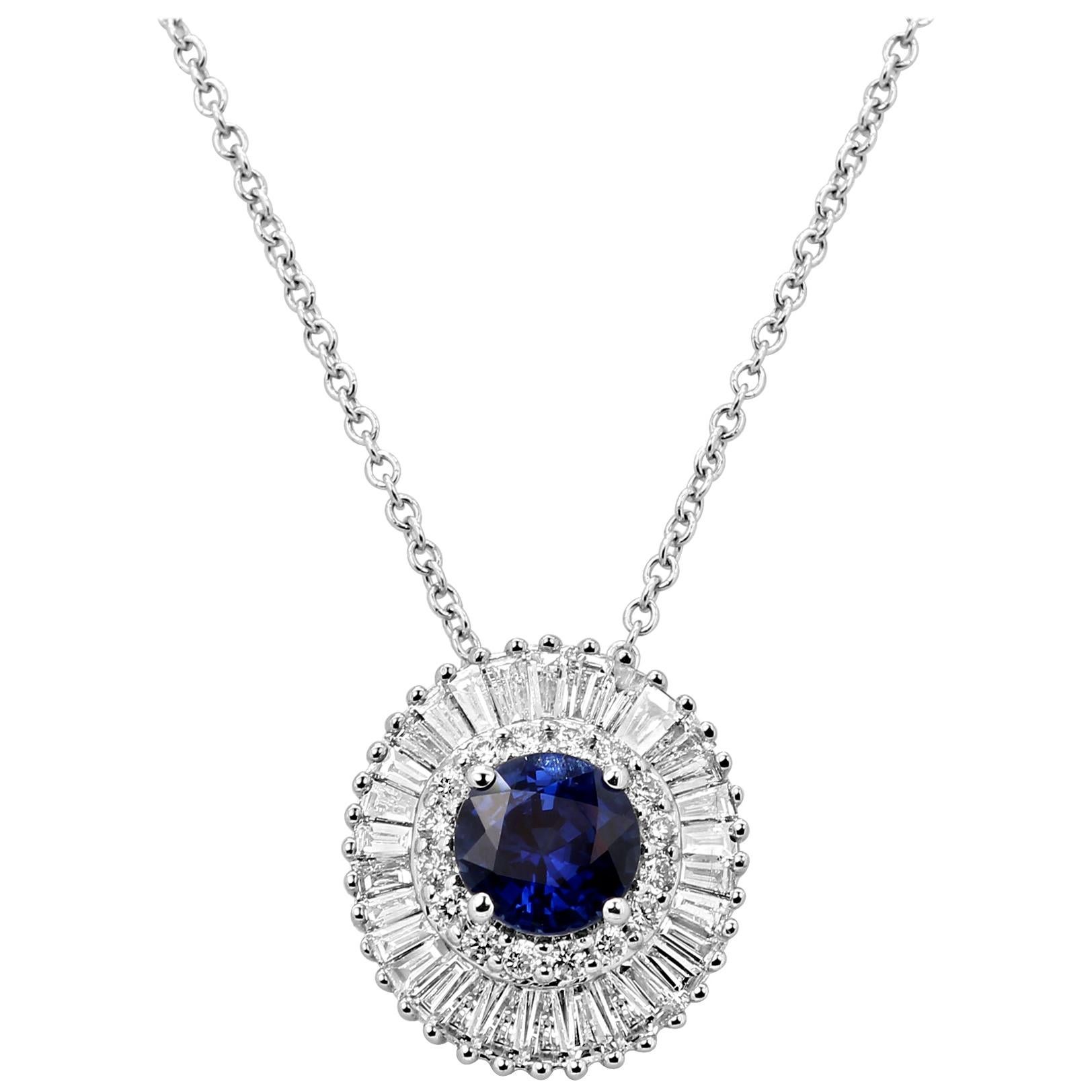 Blue Sapphire Diamond Double Halo Gold Ballerina Pendant Chain Necklace