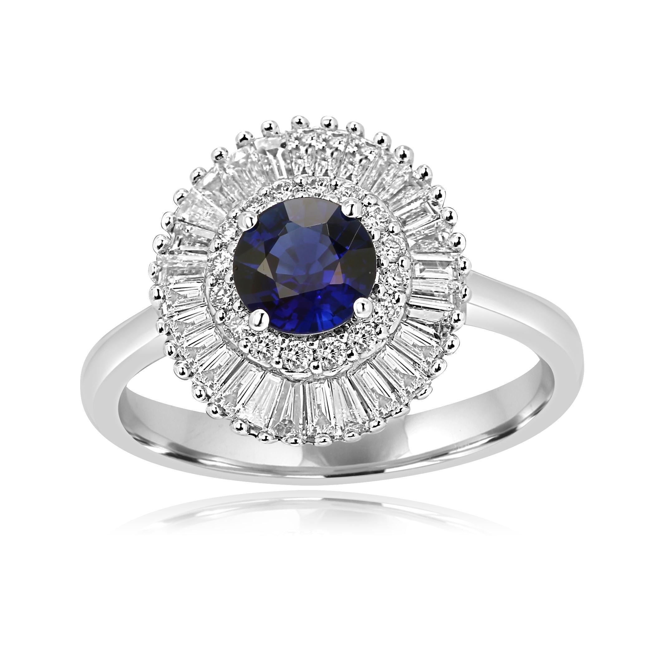 Art Deco Style Blue Sapphire round 0.68 Carat Encircled in Double Halo of Colorless Round Brilliant VS SI clarity 0.11 Carat and Colorless Diamond Baguettes VS clarity 0.45 Carat in 14K White Gold Bridal Cocktail Art Deco Style Ballerina