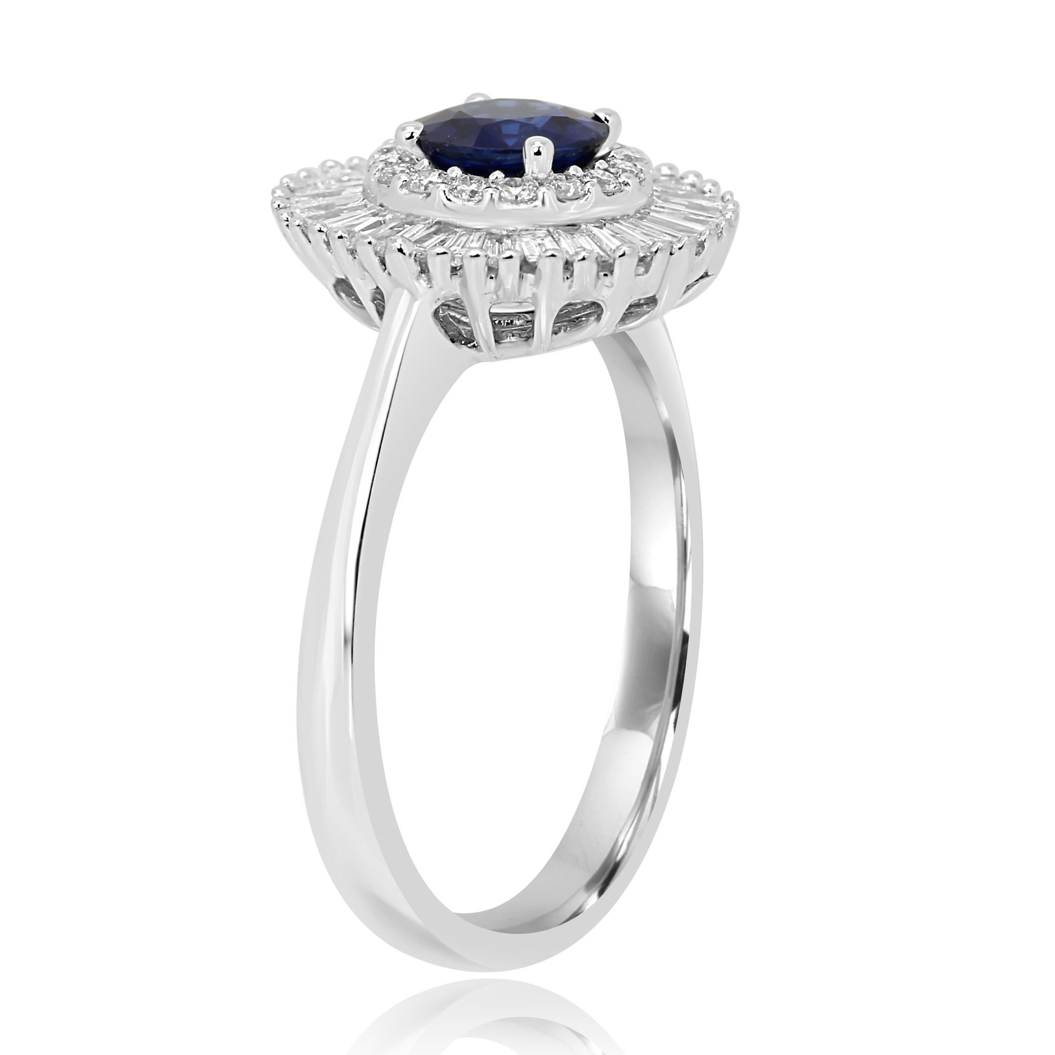 Round Cut Blue Sapphire Diamond Double Halo Gold Art Deco Style Ballerina Cocktail Ring