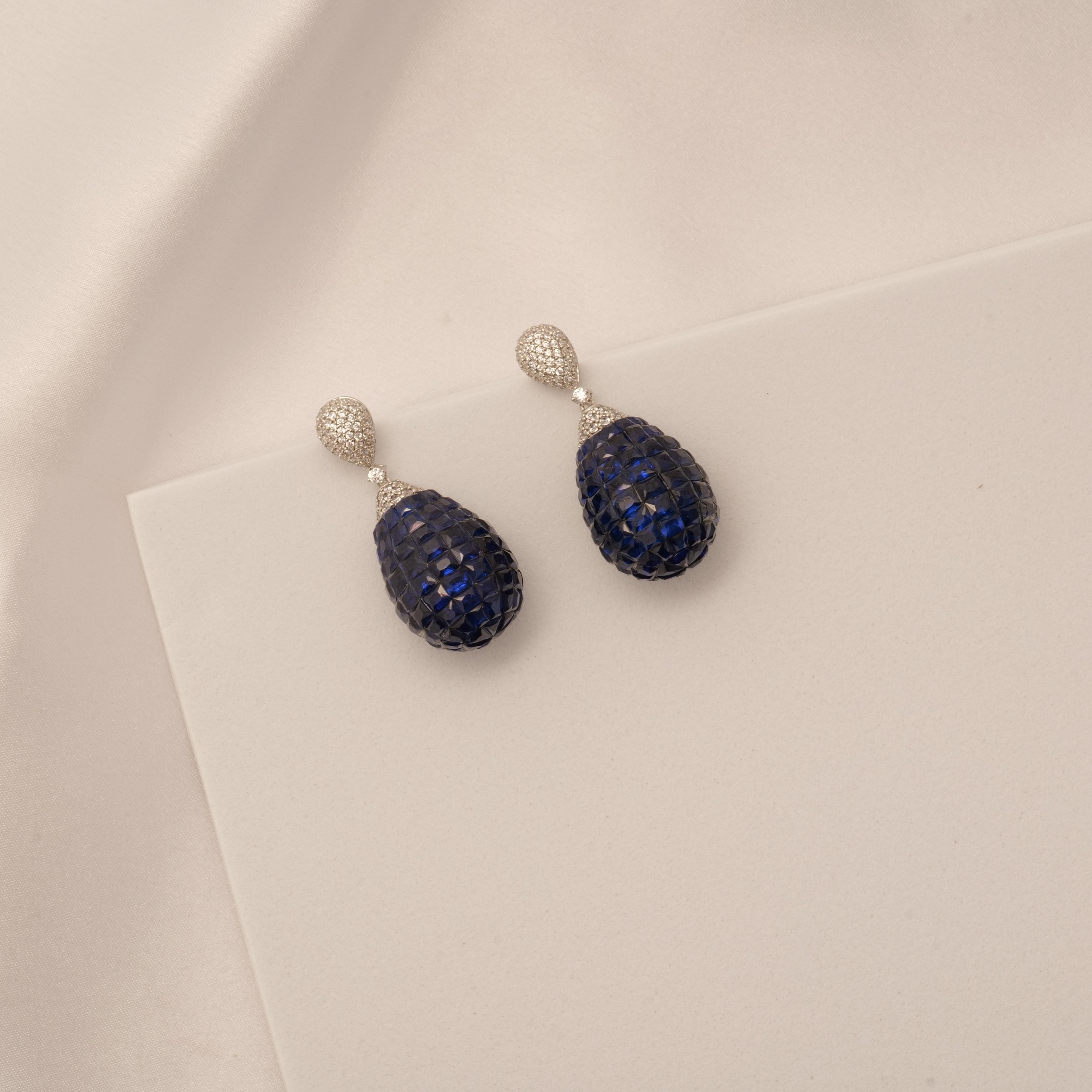 Pendientes gota de diamante zafiro azul en oro macizo de 14k (certificado) en venta 2