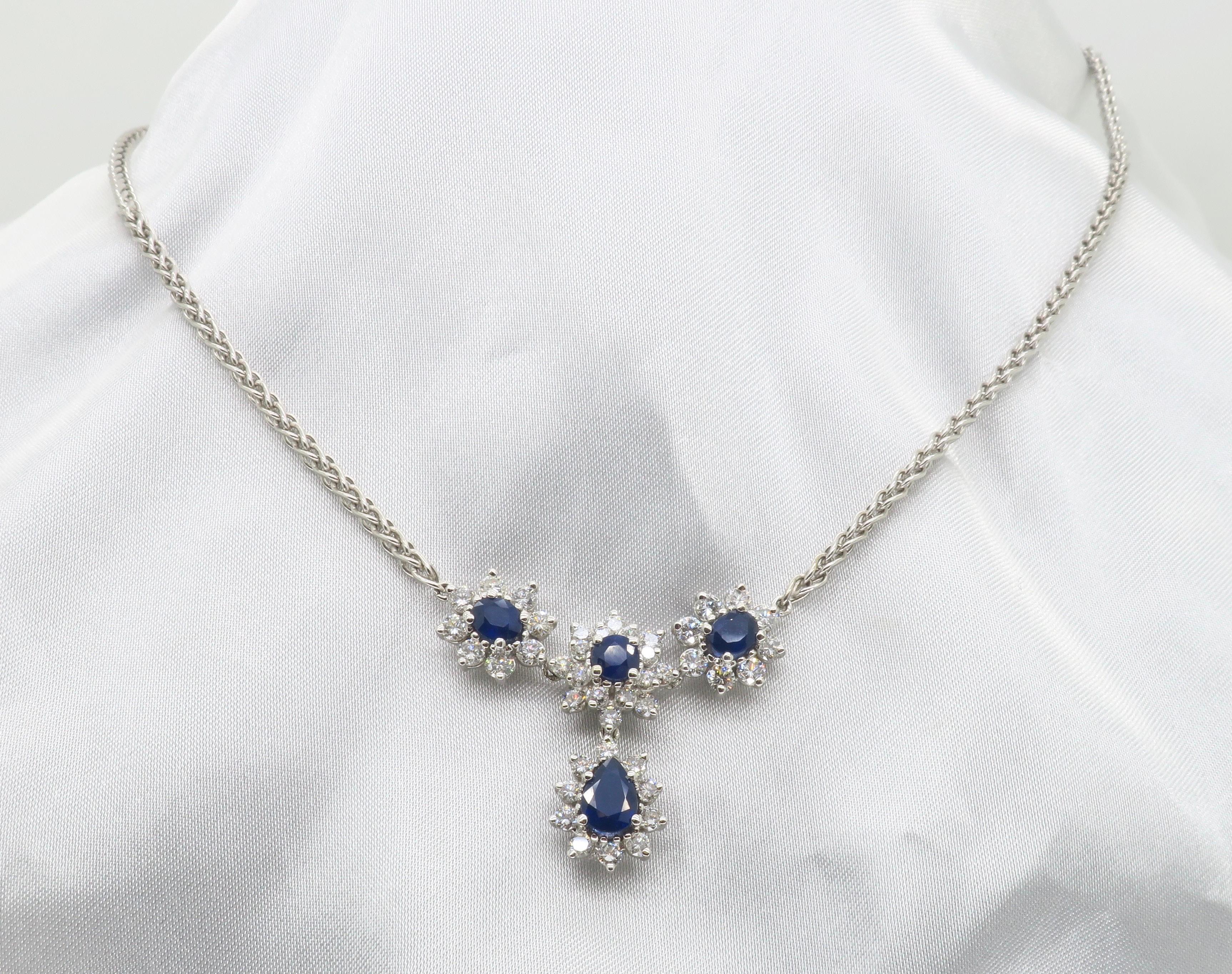Oval Cut Blue Sapphire & Diamond Drop Necklace For Sale