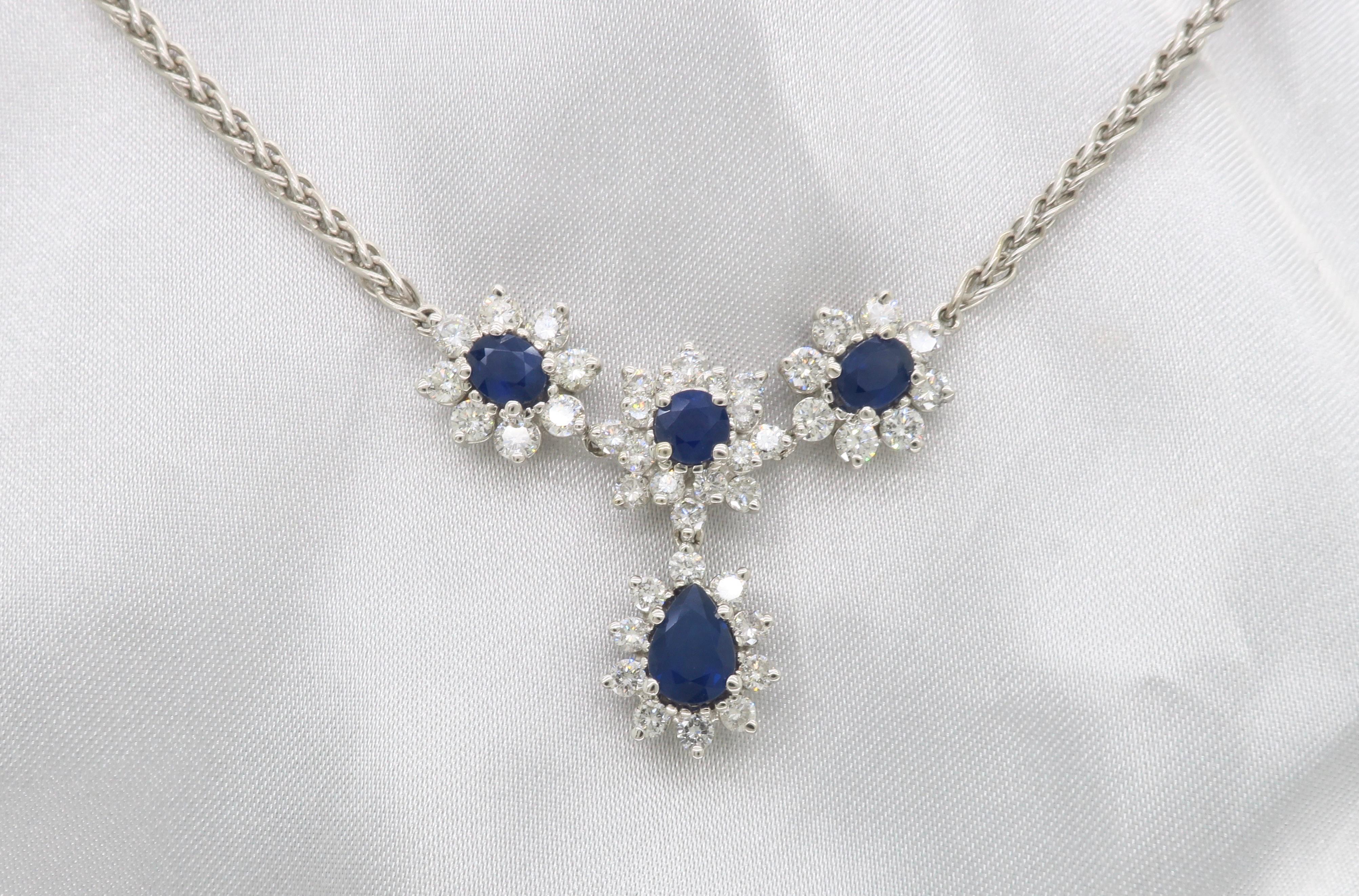 Blue Sapphire & Diamond Drop Necklace In Excellent Condition For Sale In Webster, NY