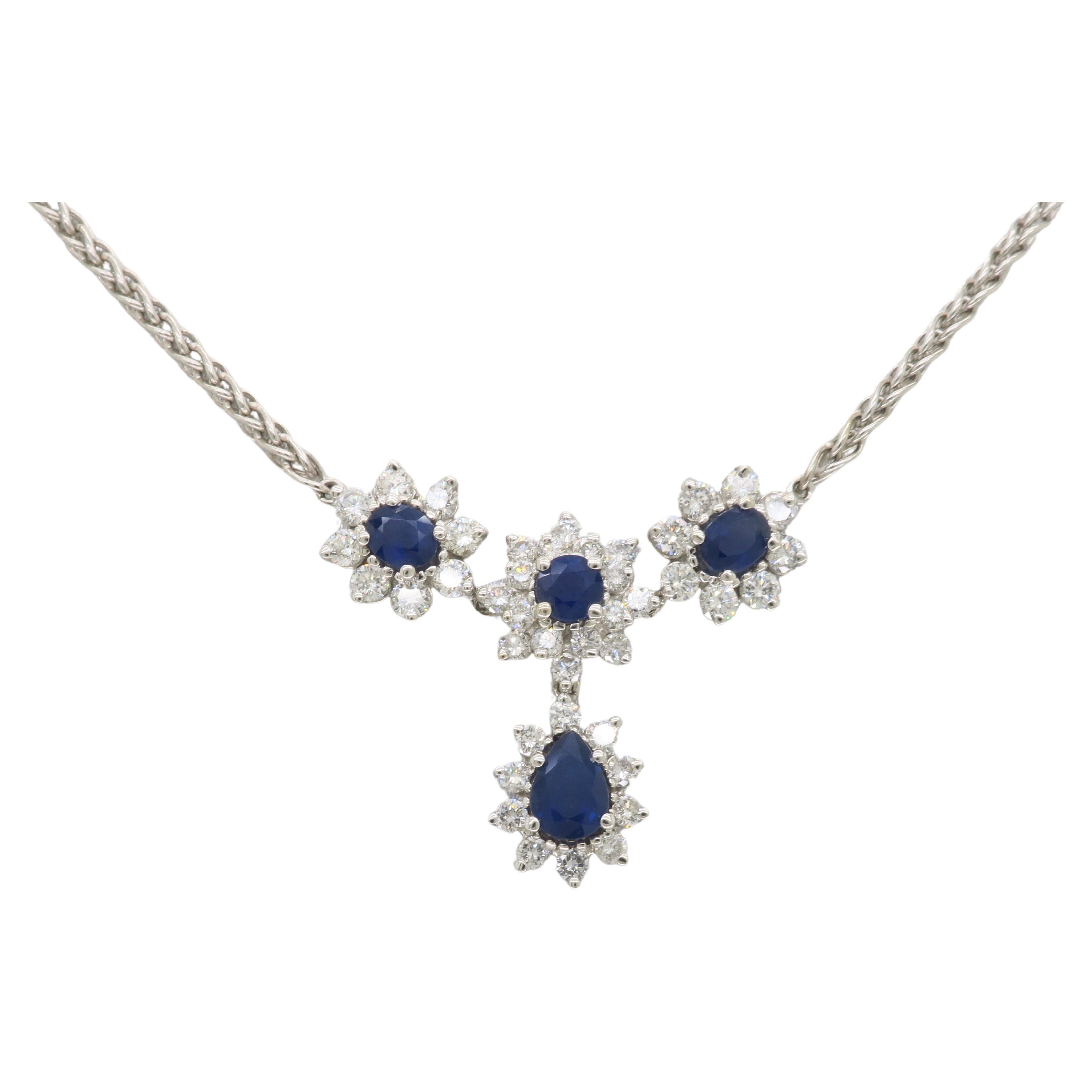 Blue Sapphire & Diamond Drop Necklace For Sale