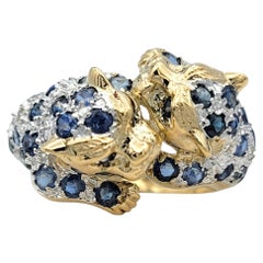 Blue Sapphire & Diamond Dual Panther Ring in Two-Tone 14 Karat Gold