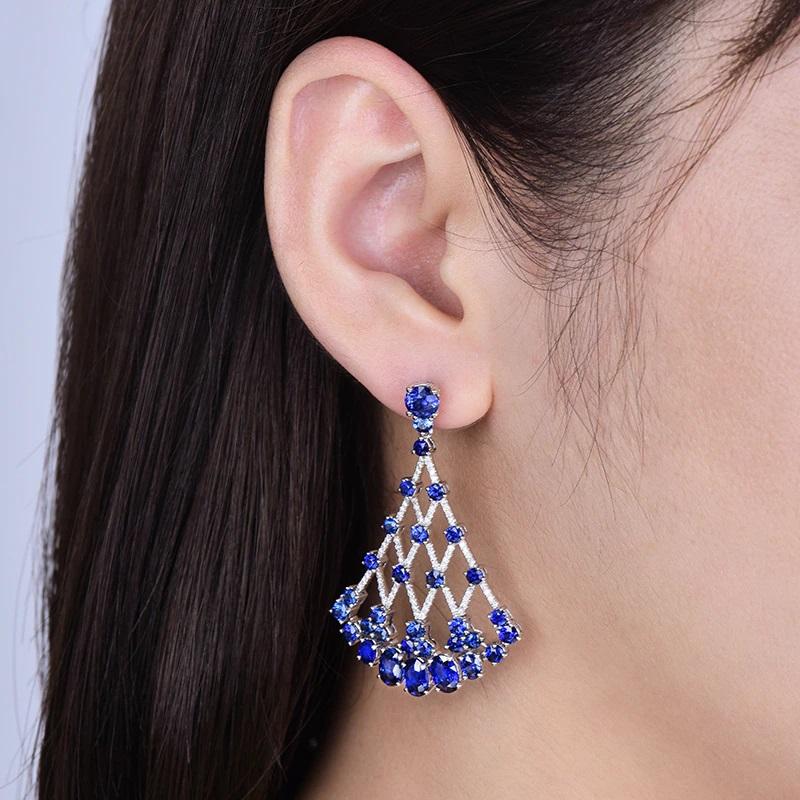 Contemporary Blue Sapphire Diamond Earrings For Sale