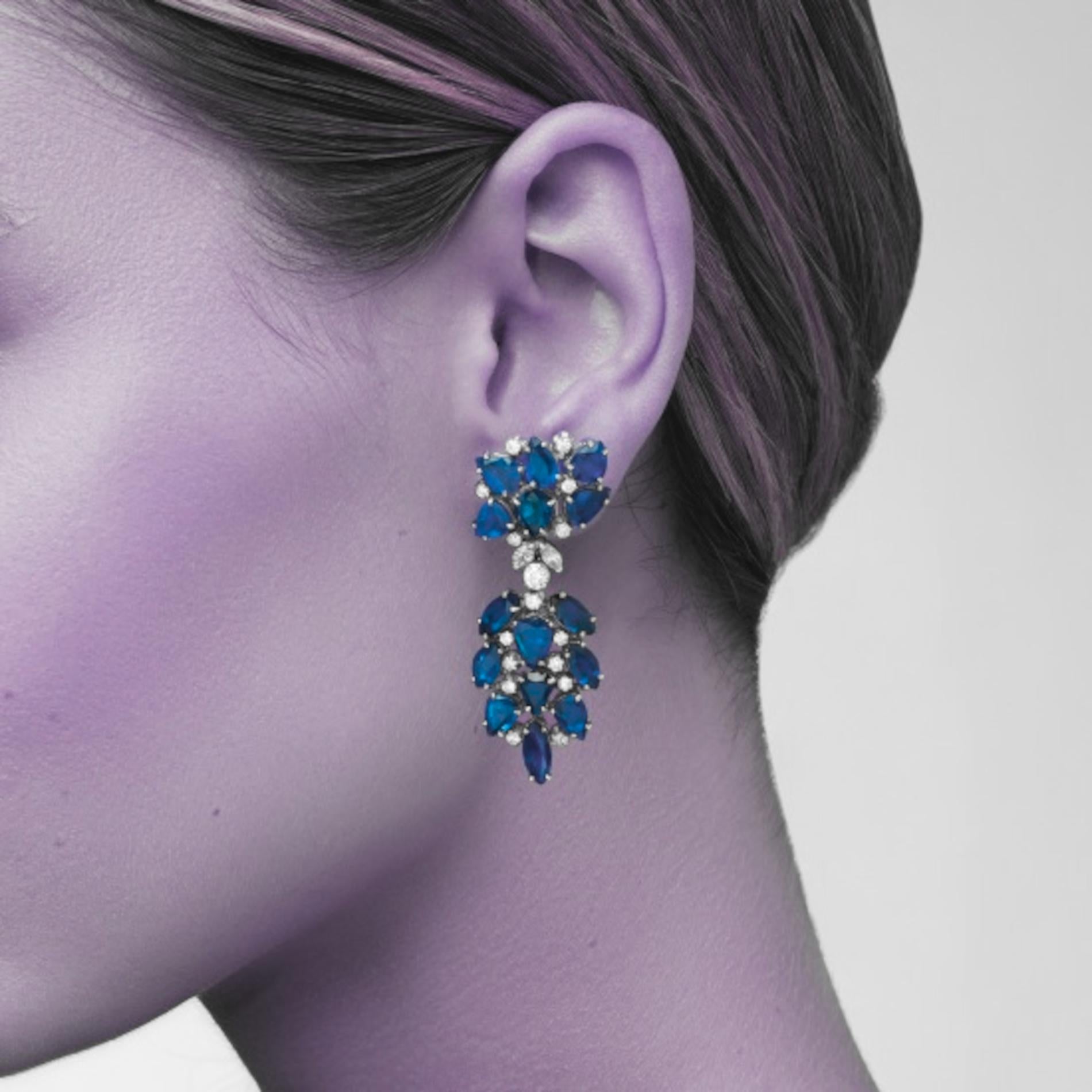 Pear Cut Blue Sapphire Diamond Earrings For Sale