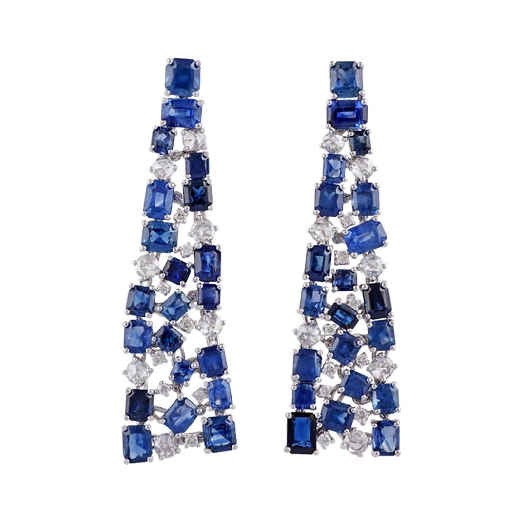 Blue Sapphire & Diamond Earrings Studded in 18k Gold For Sale
