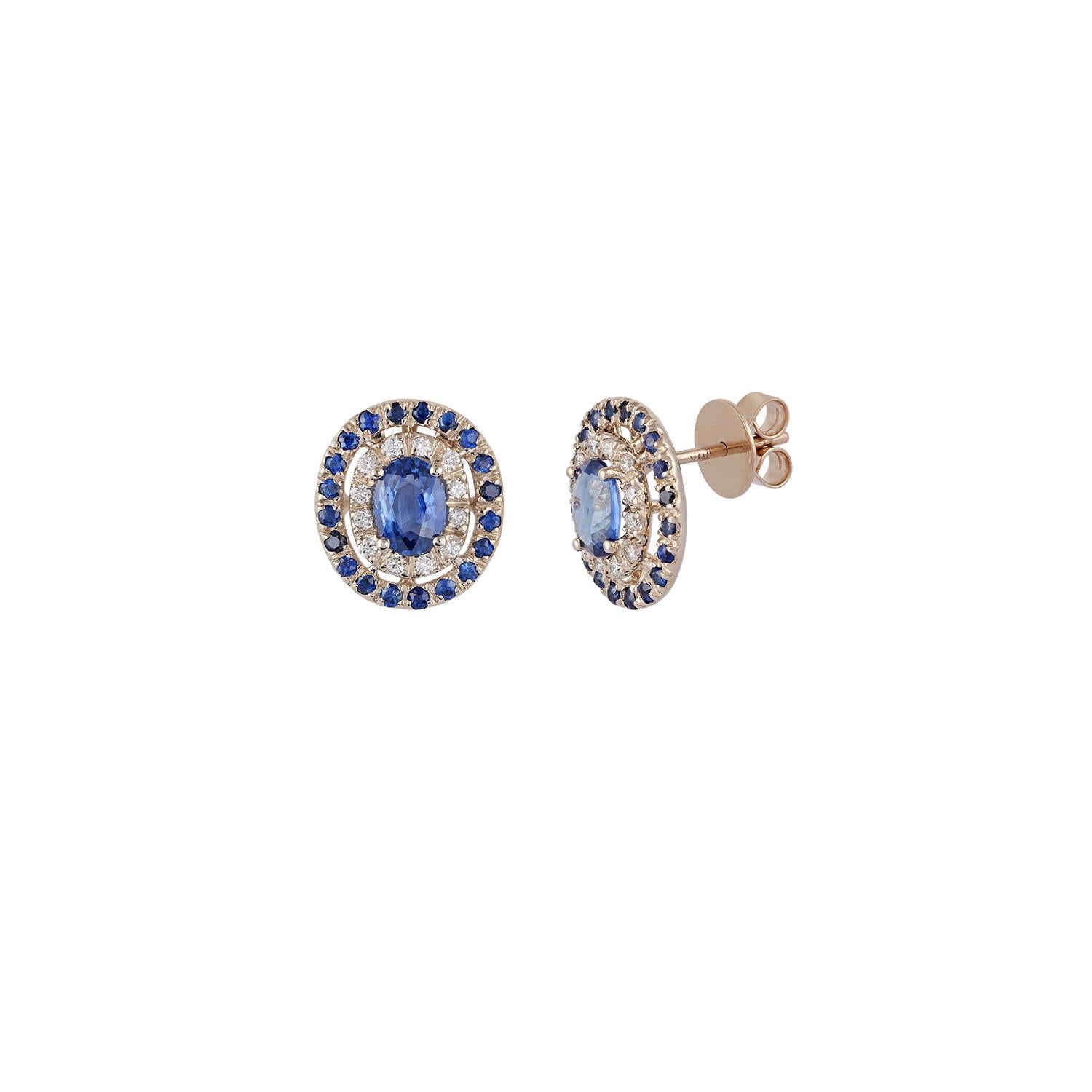 Contemporary Blue Sapphire and Diamond Earrings Studded in 18 Karat White Gold