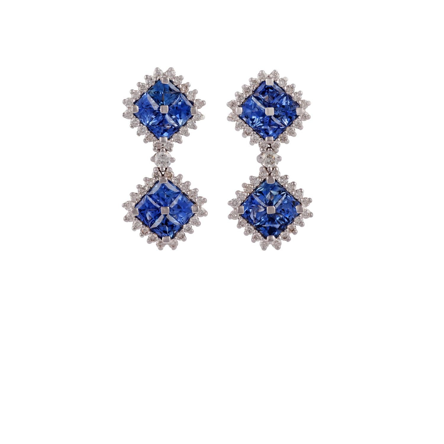 Contemporary Blue Sapphire & Diamond Earrings Studded in 18K White Gold For Sale