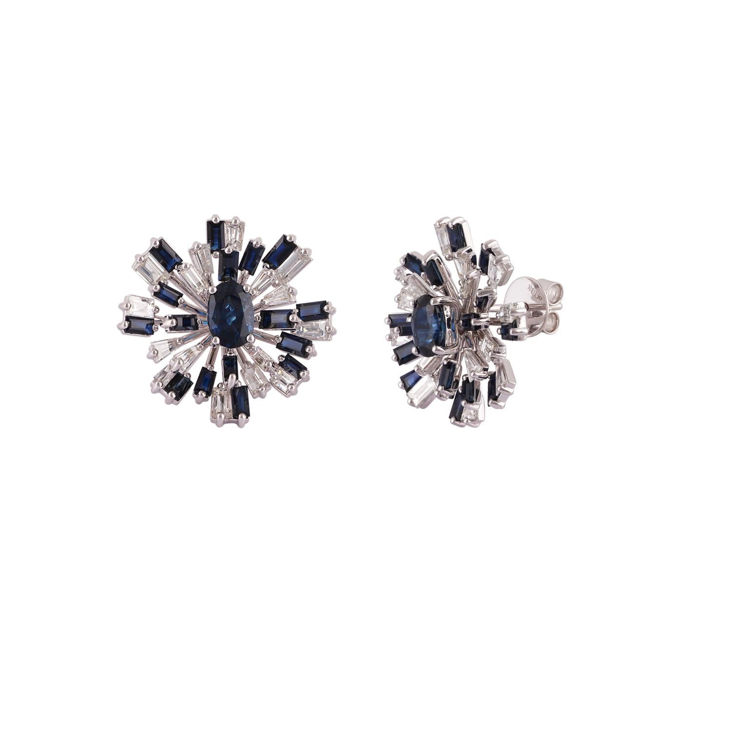 Modern Blue Sapphire & Diamond Earrings Studded in 18k White Gold For Sale