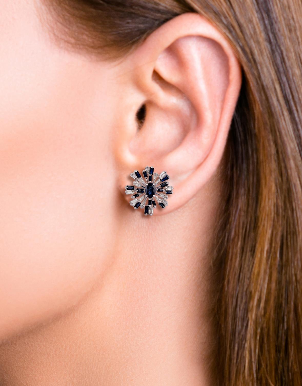 Mixed Cut Blue Sapphire & Diamond Earrings Studded in 18k White Gold For Sale