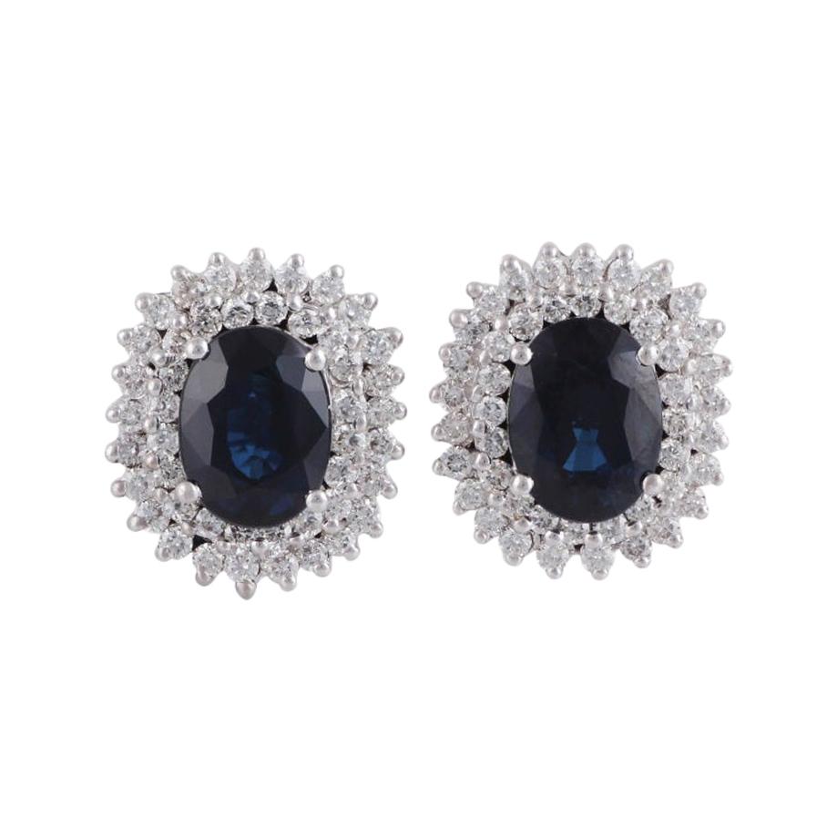 Blue Sapphire & Diamond Earrings Studded in 18k White Gold