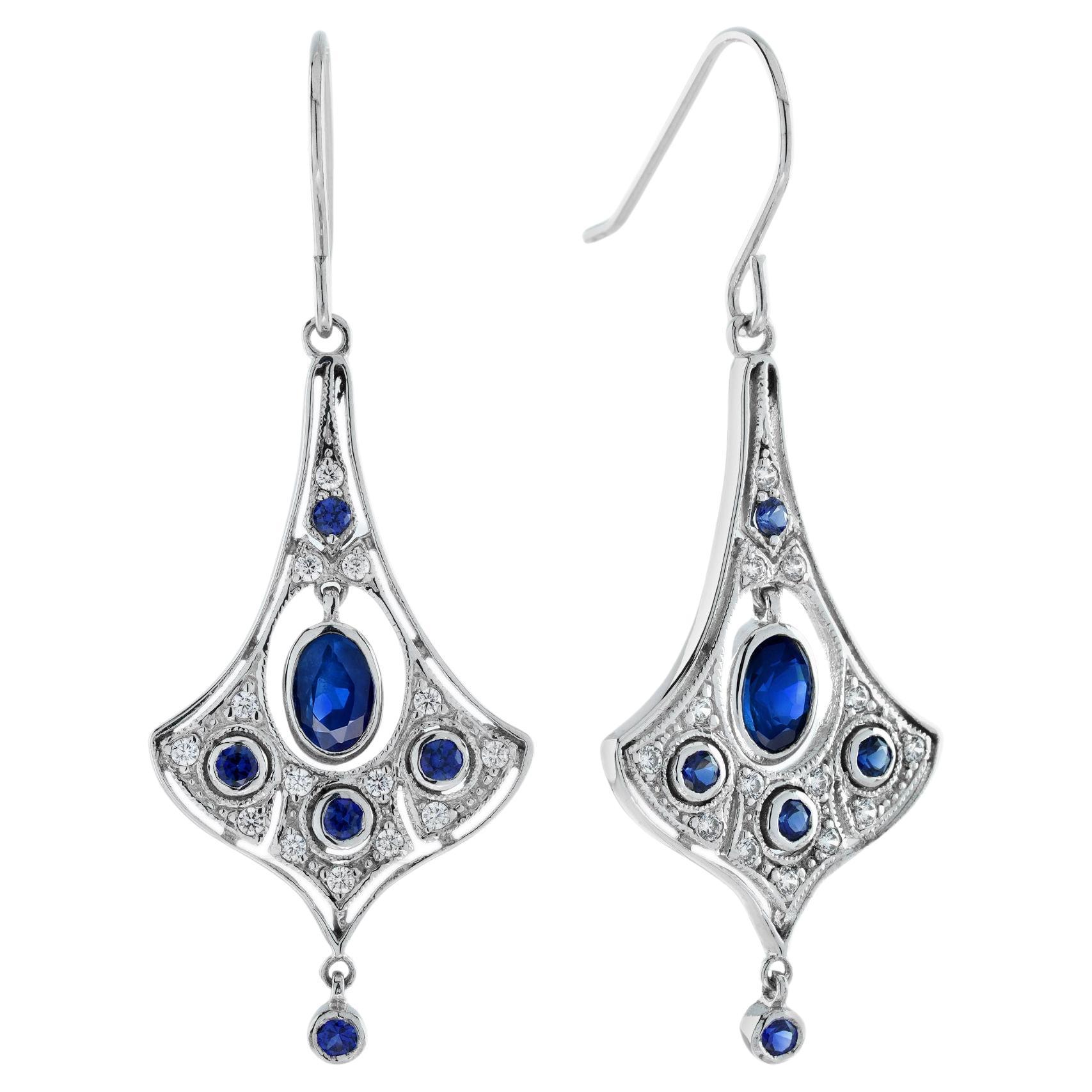 Blue Sapphire & Diamond Edwardian Style Drop 14K White Gold Earrings For Sale