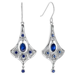 Blue Sapphire & Diamond Edwardian Style Drop 14K White Gold Earrings