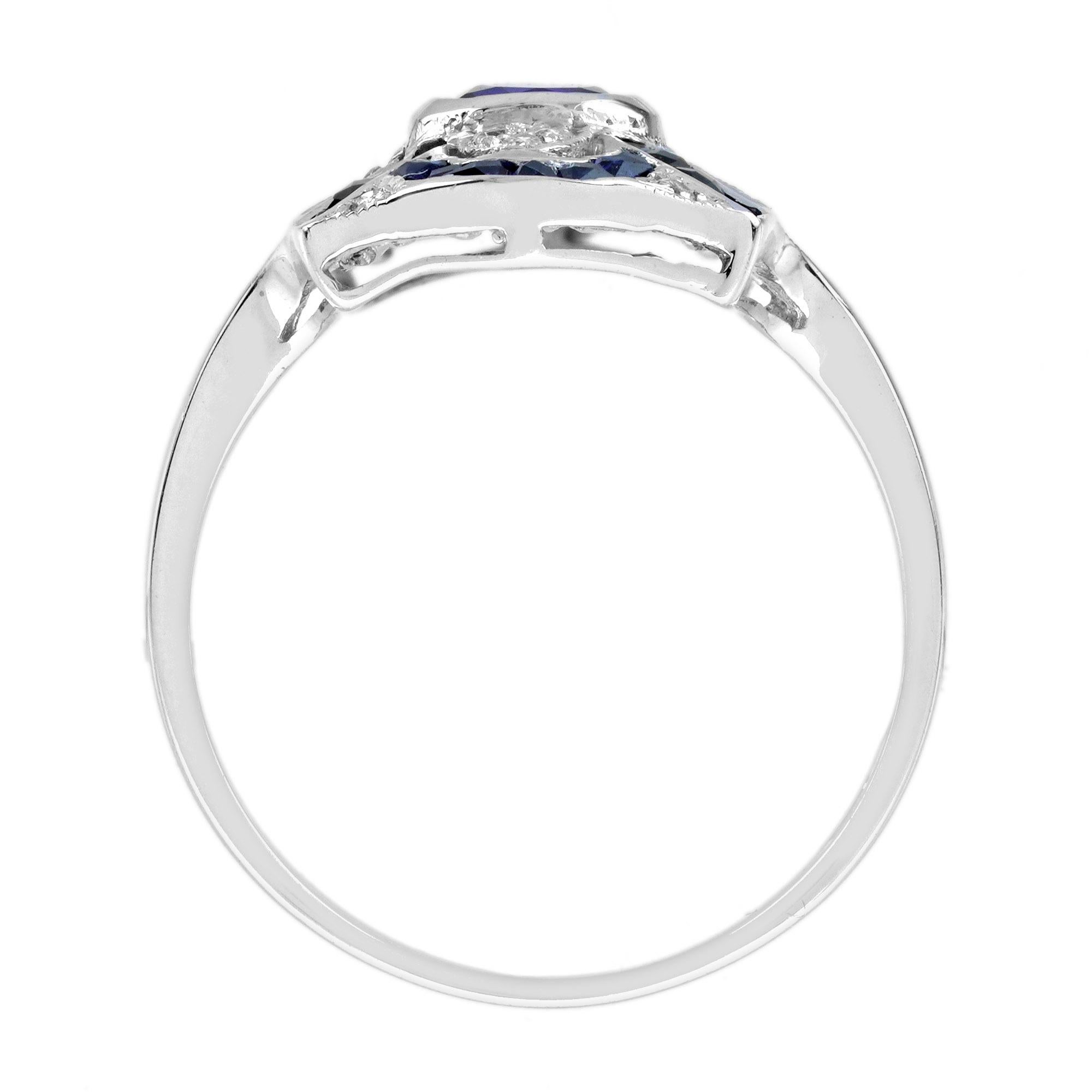 Bague en or blanc saphir bleu diamant de style édouardien ajouré inspiré de l'art déco Neuf - En vente à Oakton, VA
